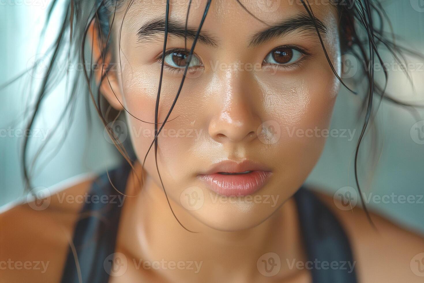 Close-up of a young Asian woman with glistening skin, sweaty after an intense workout, showcasing determination and focus. photo