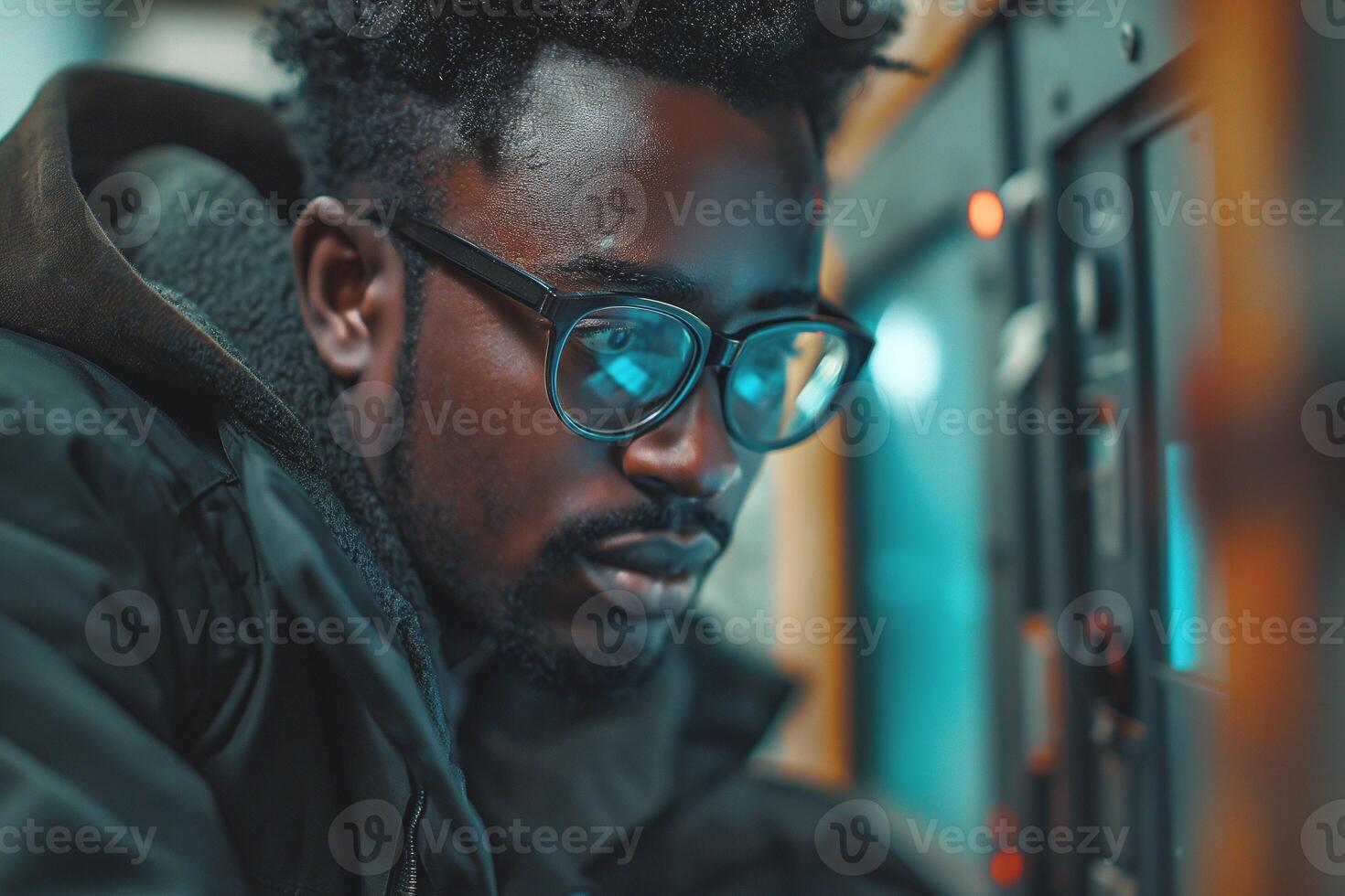 A focused young Black man in glasses works intently on a control panel, illuminated by soft blue lighting. photo