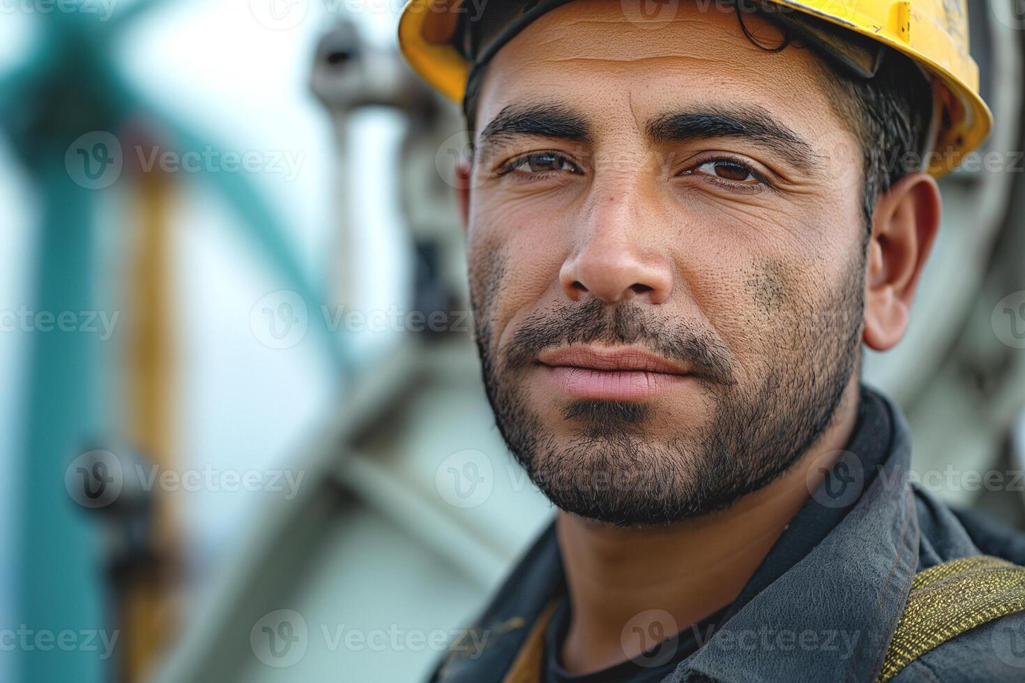 A male worker of Middle-Eastern descent wearing a yellow hard hat, showcasing confidence at a construction site. photo