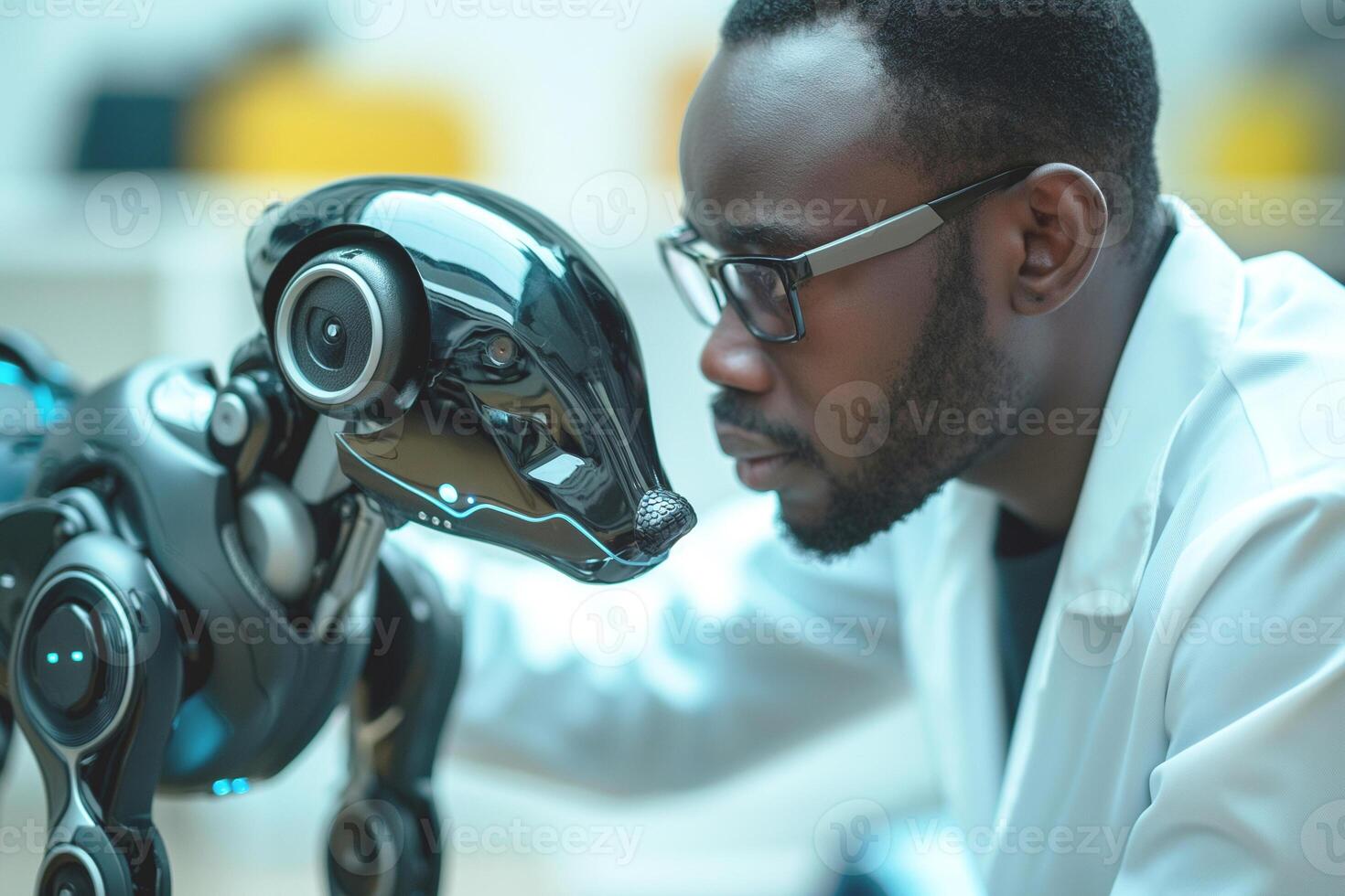 A focused Black male researcher examines a sleek robotic dog, showcasing the fusion of technology and innovation in robotics. photo