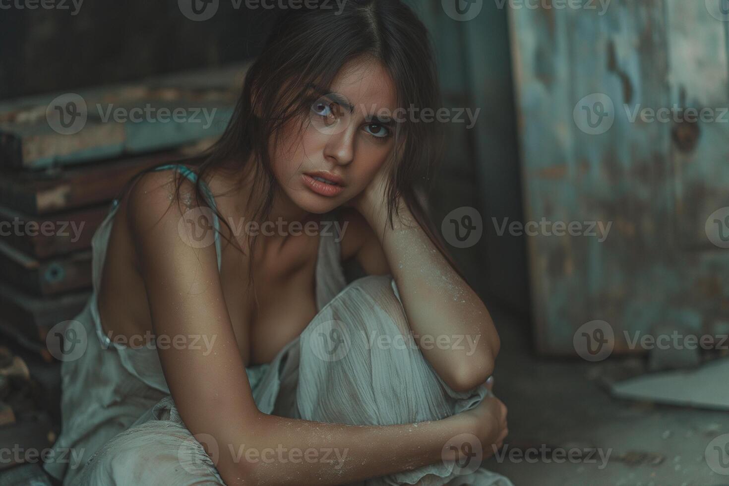 A young Latina woman seated on the floor, expressing vulnerability in a dusty, abandoned setting. photo