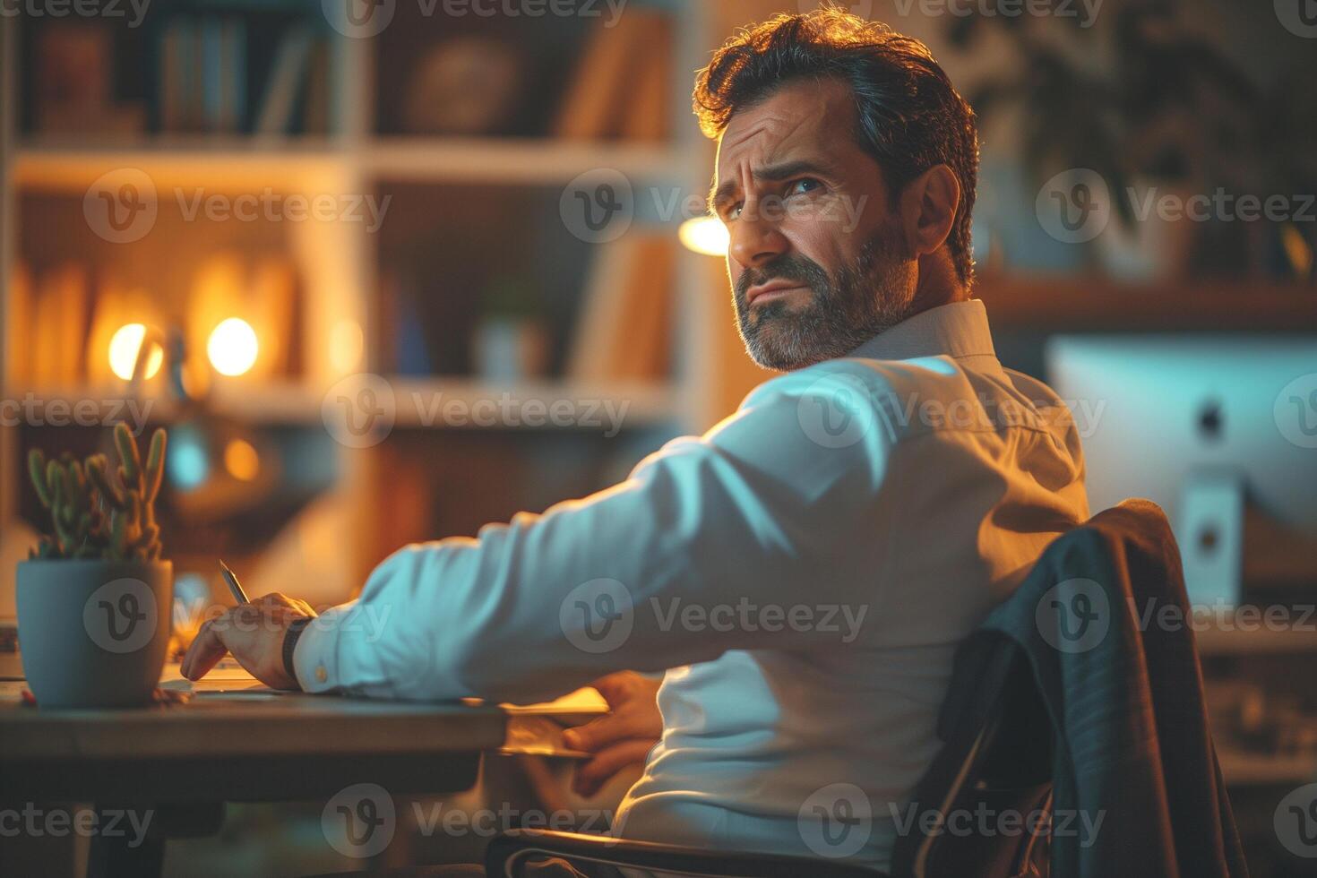 A middle-aged Caucasian man with a beard, deep in thought in a dimly lit office environment. photo