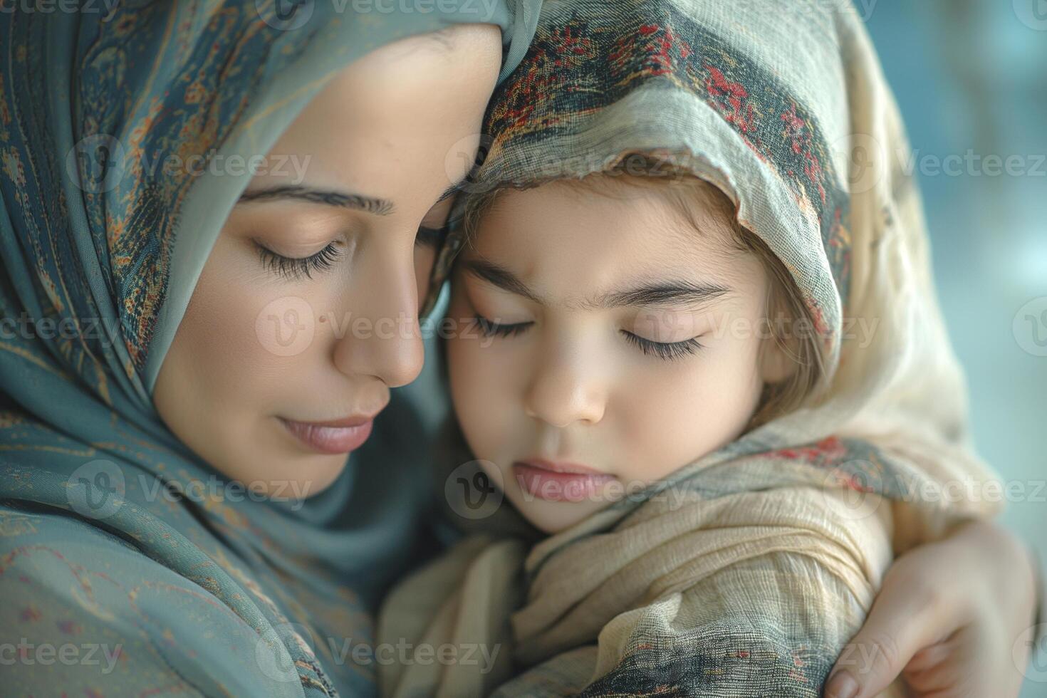A tender moment between a Middle Eastern woman and her young daughter, both wearing beautiful headscarves, exuding love and serenity. photo