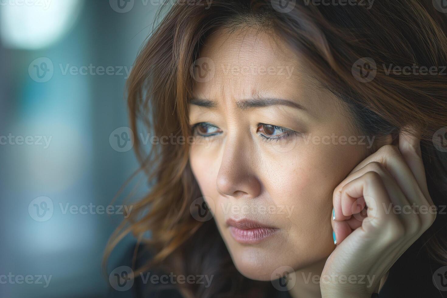 Thoughtful Asian woman gazes into the distance, reflecting on her ideas with a contemplative expression and softly illuminated features. photo