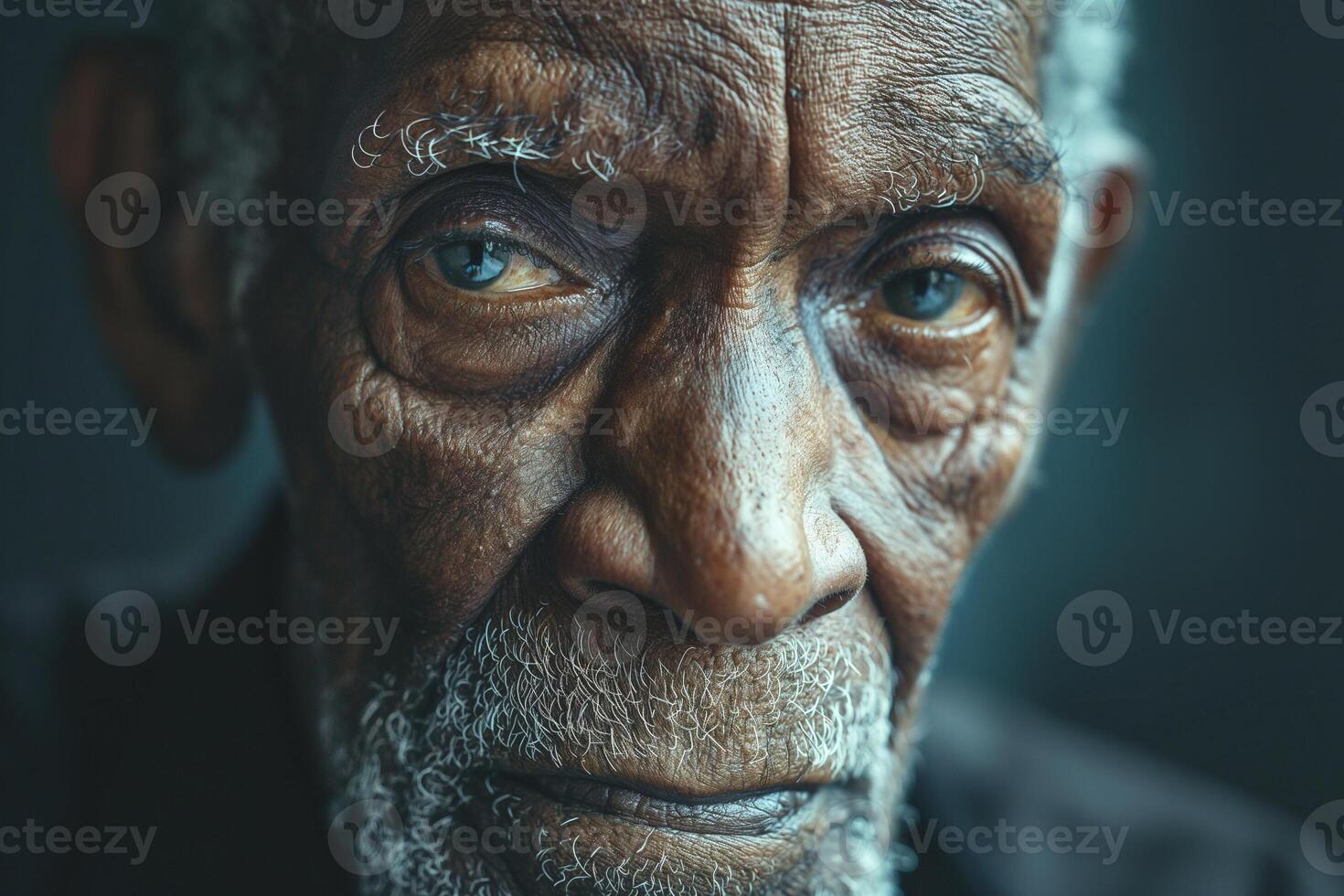 Close-up portrait of an elderly Black man with deep-set eyes and a wise expression. photo