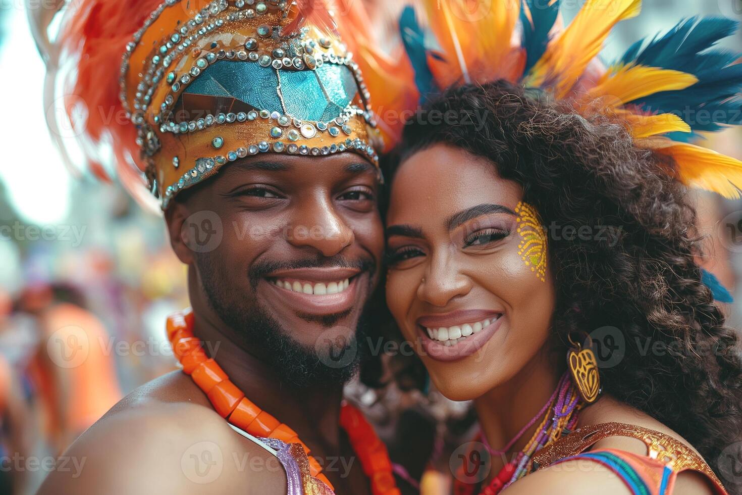 A joyful Black couple in vibrant carnival attire, adorned with feathers and body paint, celebrating together at a festive event. photo