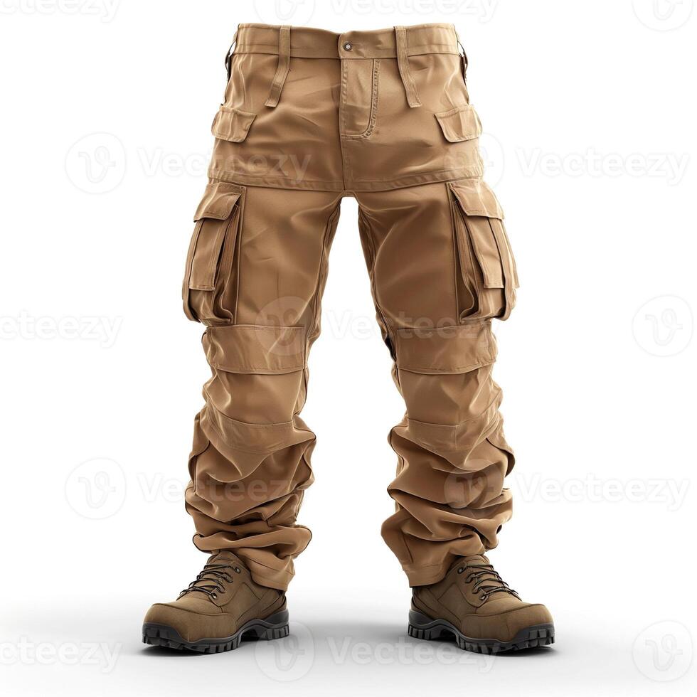Men's tan cargo pants with utility pockets, paired with rugged brown boots, showcasing versatility and durability. photo