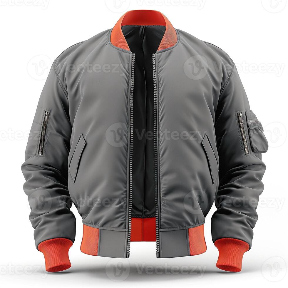 Stylish gray bomber jacket with orange accents and multiple pockets, perfect for casual wear. photo