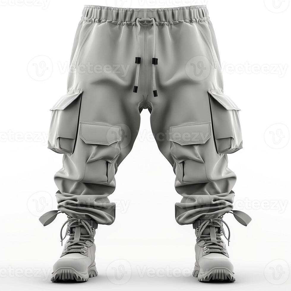 Stylish gray cargo pants with pocket details and rugged boots, embodying a modern urban aesthetic. photo