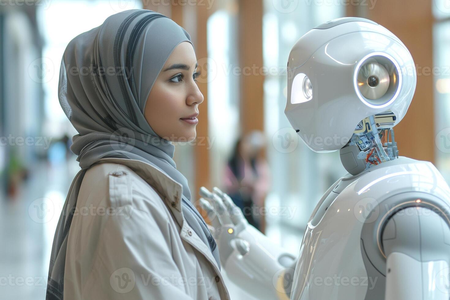 A young Muslim woman in a hijab interacts with a humanoid robot, showcasing a blend of human compassion and advanced technology. photo