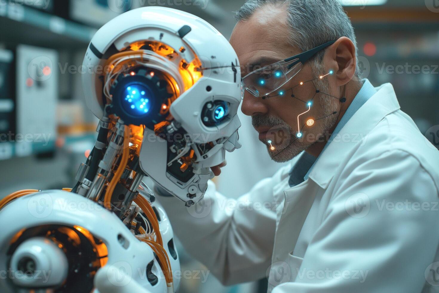 A male scientist examines a humanoid robot, showcasing a blend of technology and humanity. photo