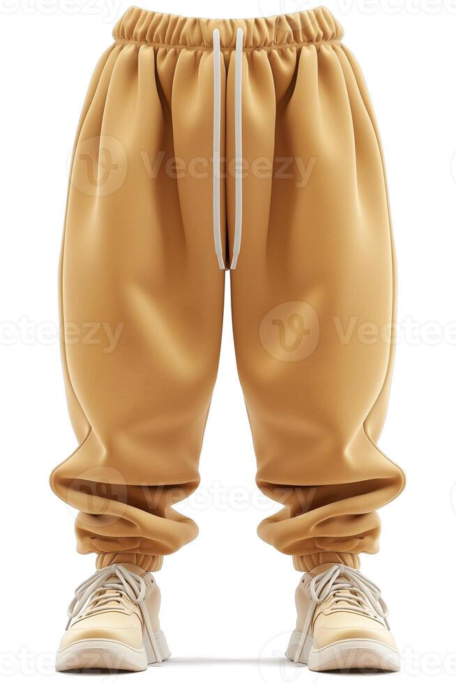 Stylish beige sweatpants with a relaxed fit, paired with trendy sneakers, showcasing a comfortable urban look. photo