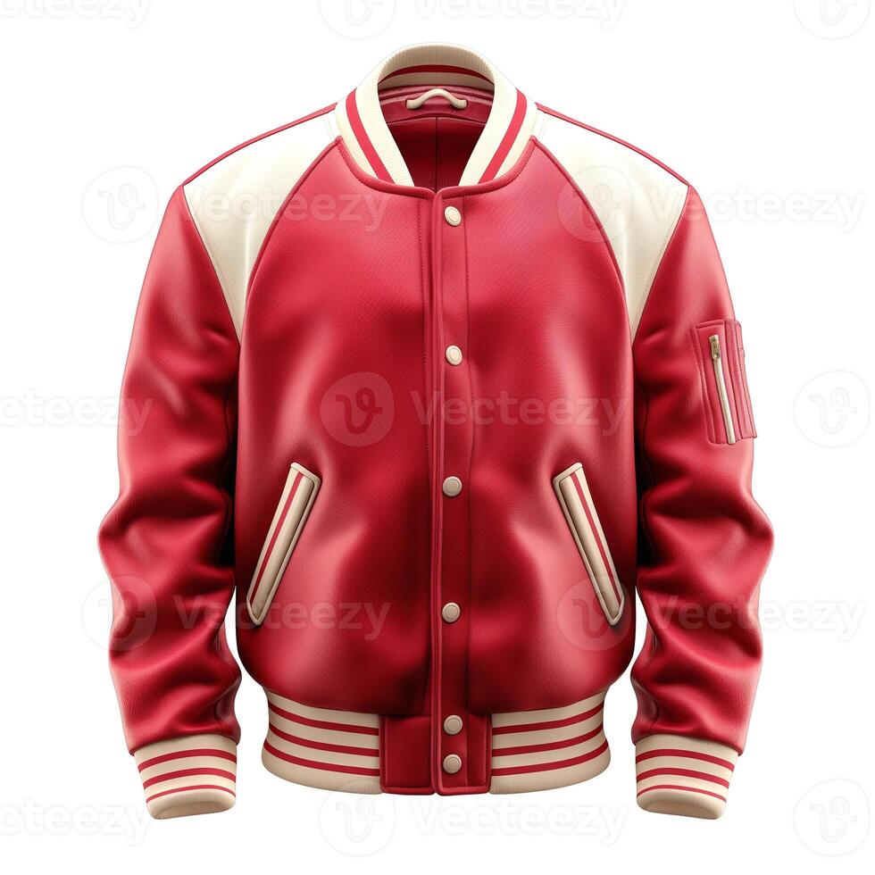 Stylish red varsity jacket with white sleeves, perfect for casual outings and sporty looks. photo