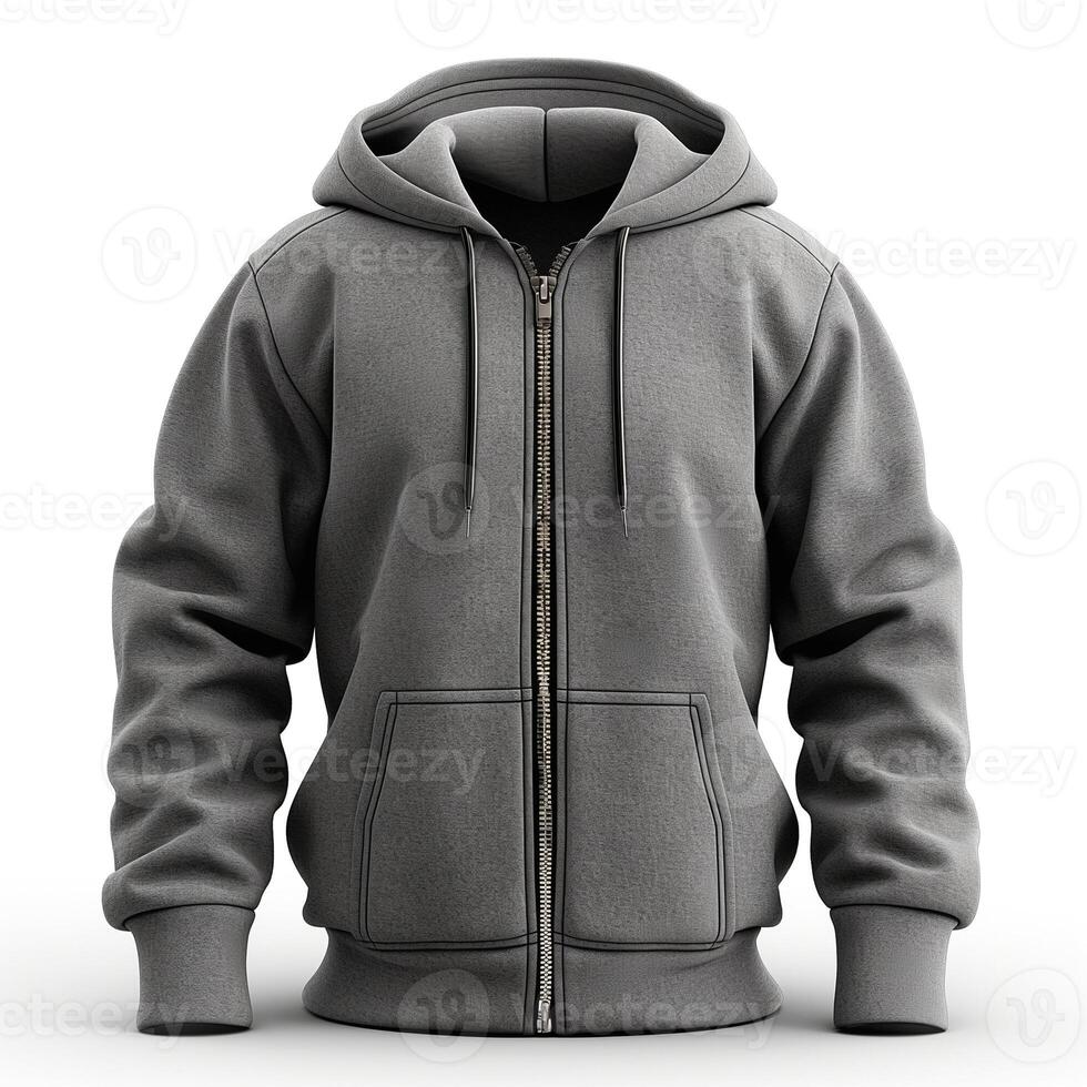 A stylish gray zip-up hoodie displayed against a neutral background, showcasing its soft fabric and modern design. photo