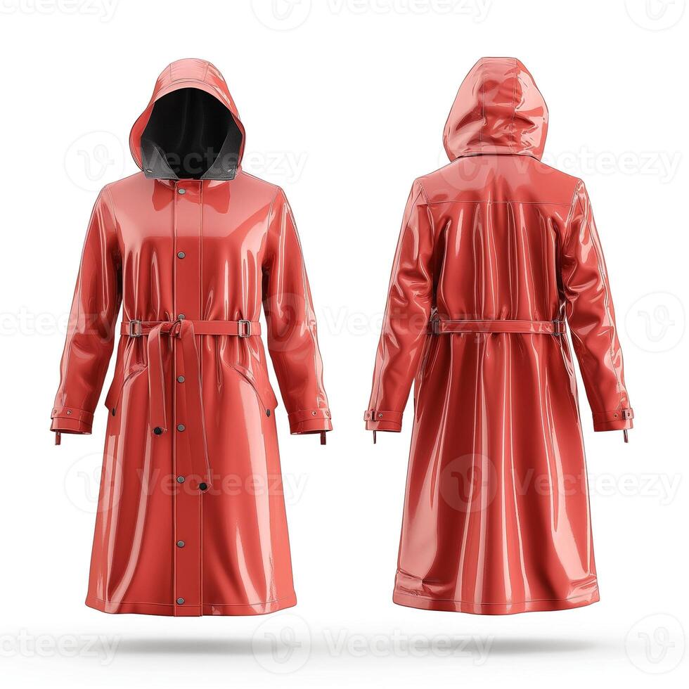 Stylish red raincoat showcasing a sleek design, perfect for keeping dry while looking fashionable. photo