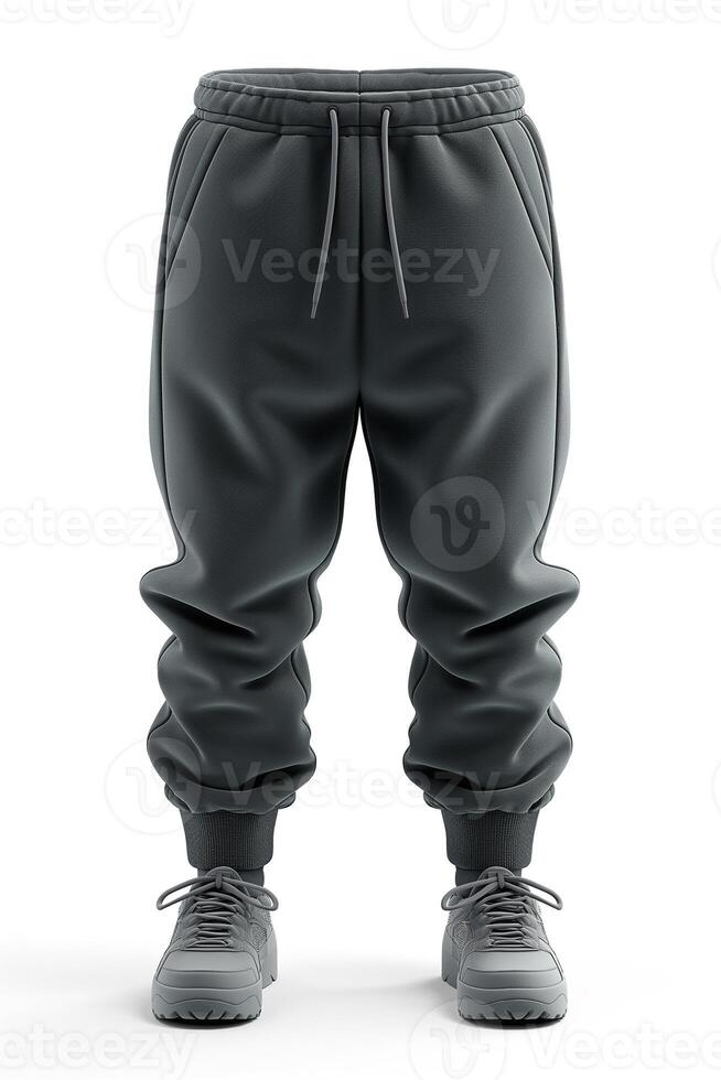 Men's charcoal gray joggers with matching sneakers, ideal for casual and athletic wear. photo