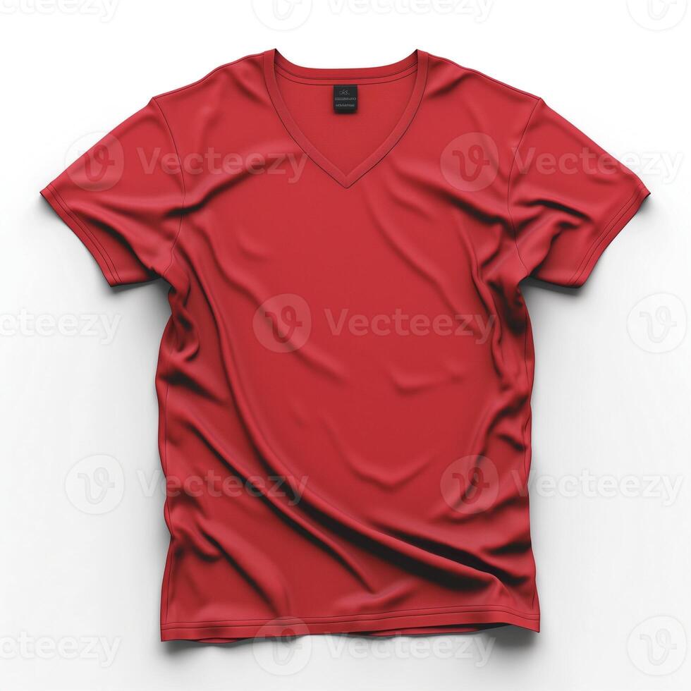 A vibrant red v-neck t-shirt displayed flat, showcasing its smooth texture and rich color. photo