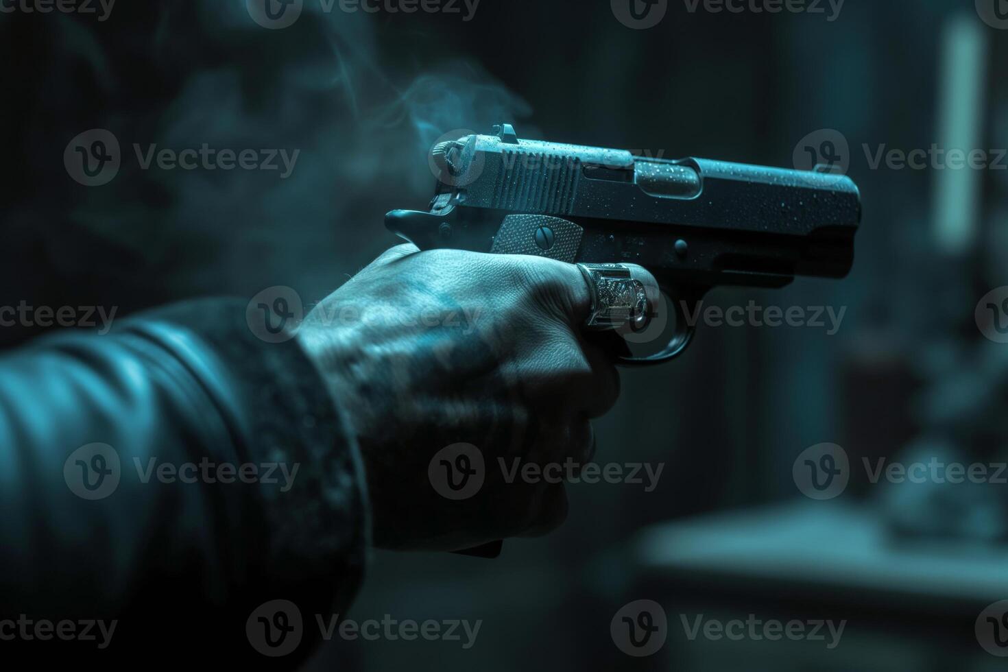 A close-up of a man's hand holding a pistol, surrounded by a moody, dimly lit atmosphere with smoke. photo