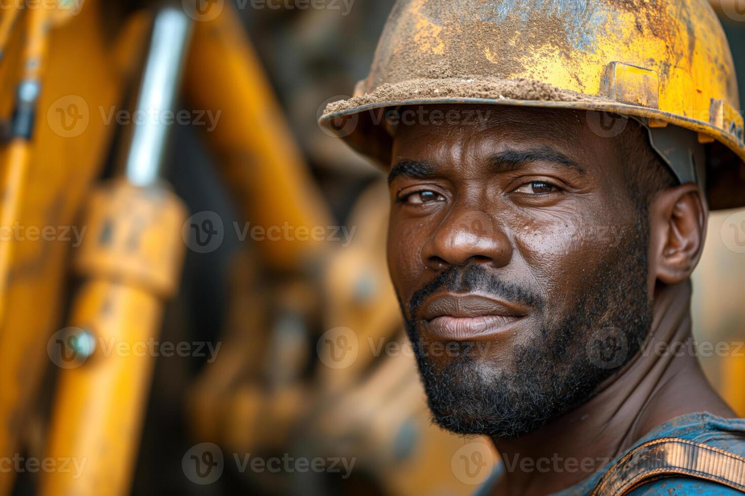 A focused African American male construction worker in a hard hat, exuding determination and strength on the job. photo