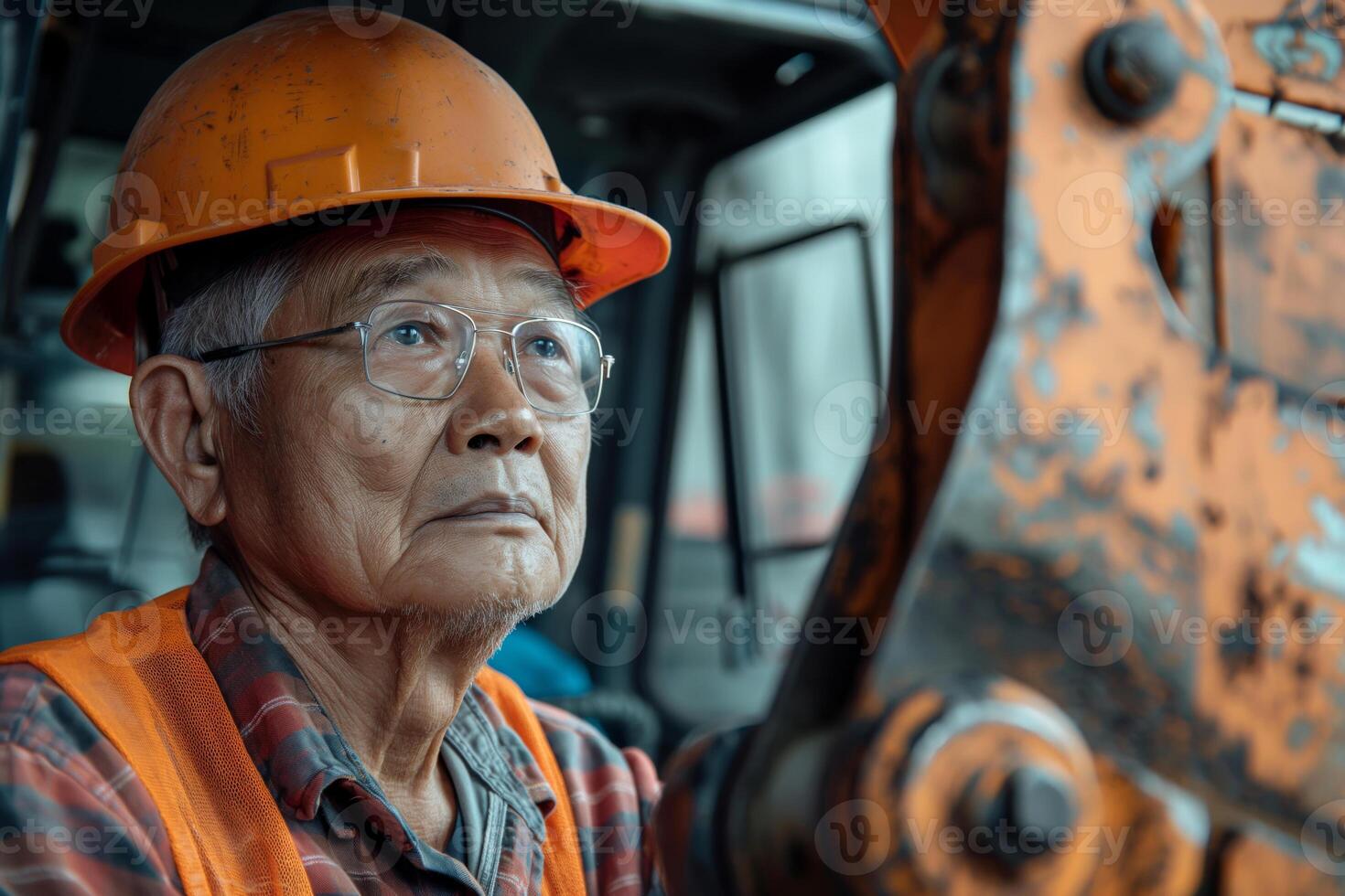 An elderly Asian male construction worker focused on operating heavy machinery, showcasing dedication and experience. photo