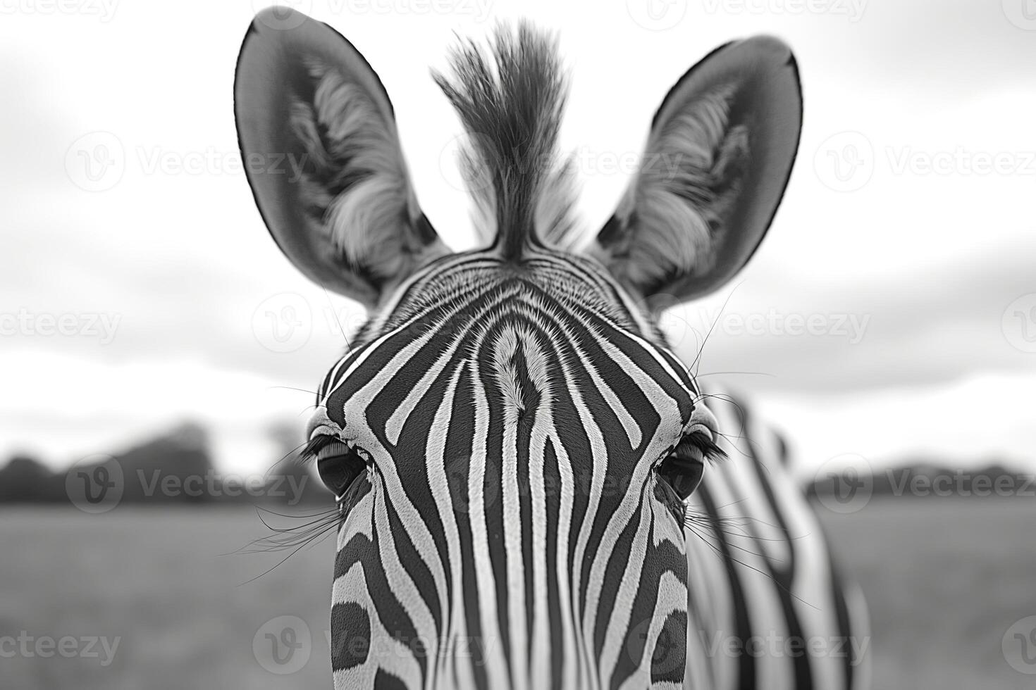 Close-up of a zebra's face, showcasing its intricate black and white stripes and expressive eyes. photo