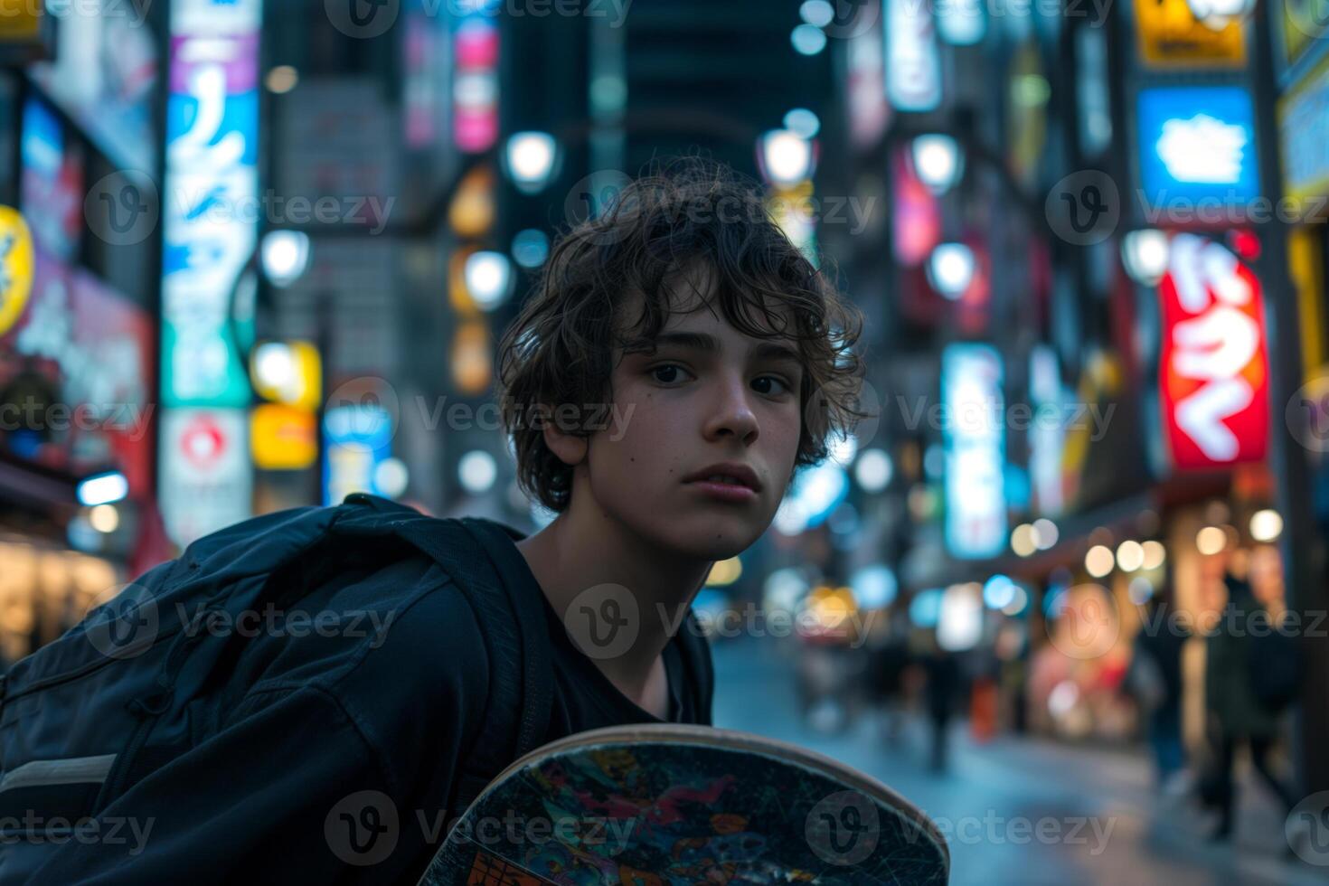 A young male skater with curly hair looks pensively over his shoulder in a vibrant urban setting at night. photo