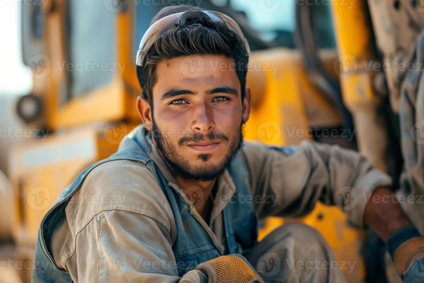 A young Middle Eastern man in work attire poses confidently, showcasing his determination amidst a construction site. photo