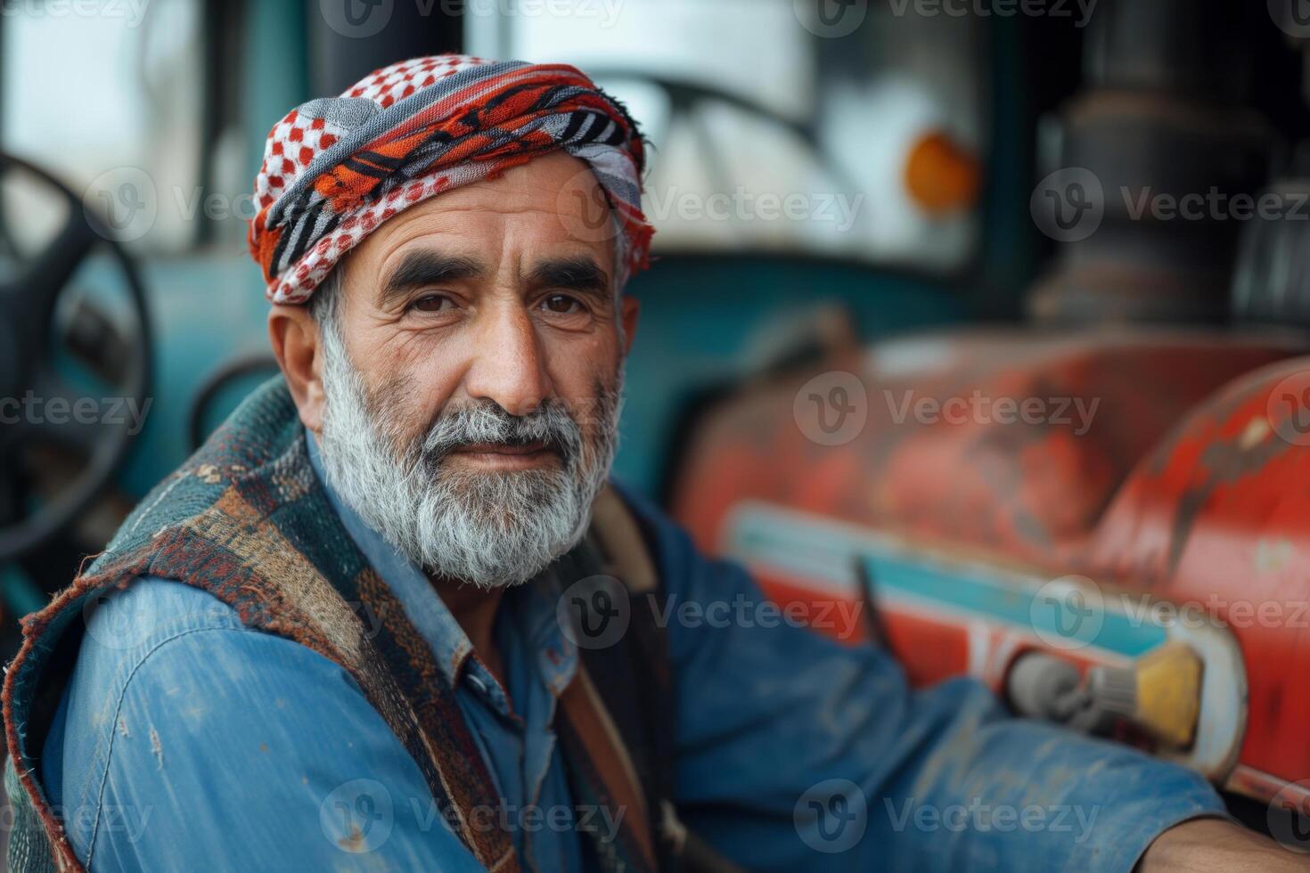 A portrait of an elderly Middle Eastern man with a gray beard, wearing a traditional headdress, sitting near a tractor. photo