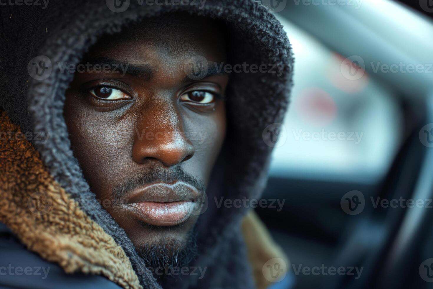 A young Black man with intense eyes sits in a car, wearing a cozy dark hoodie that adds a sense of mystery. photo