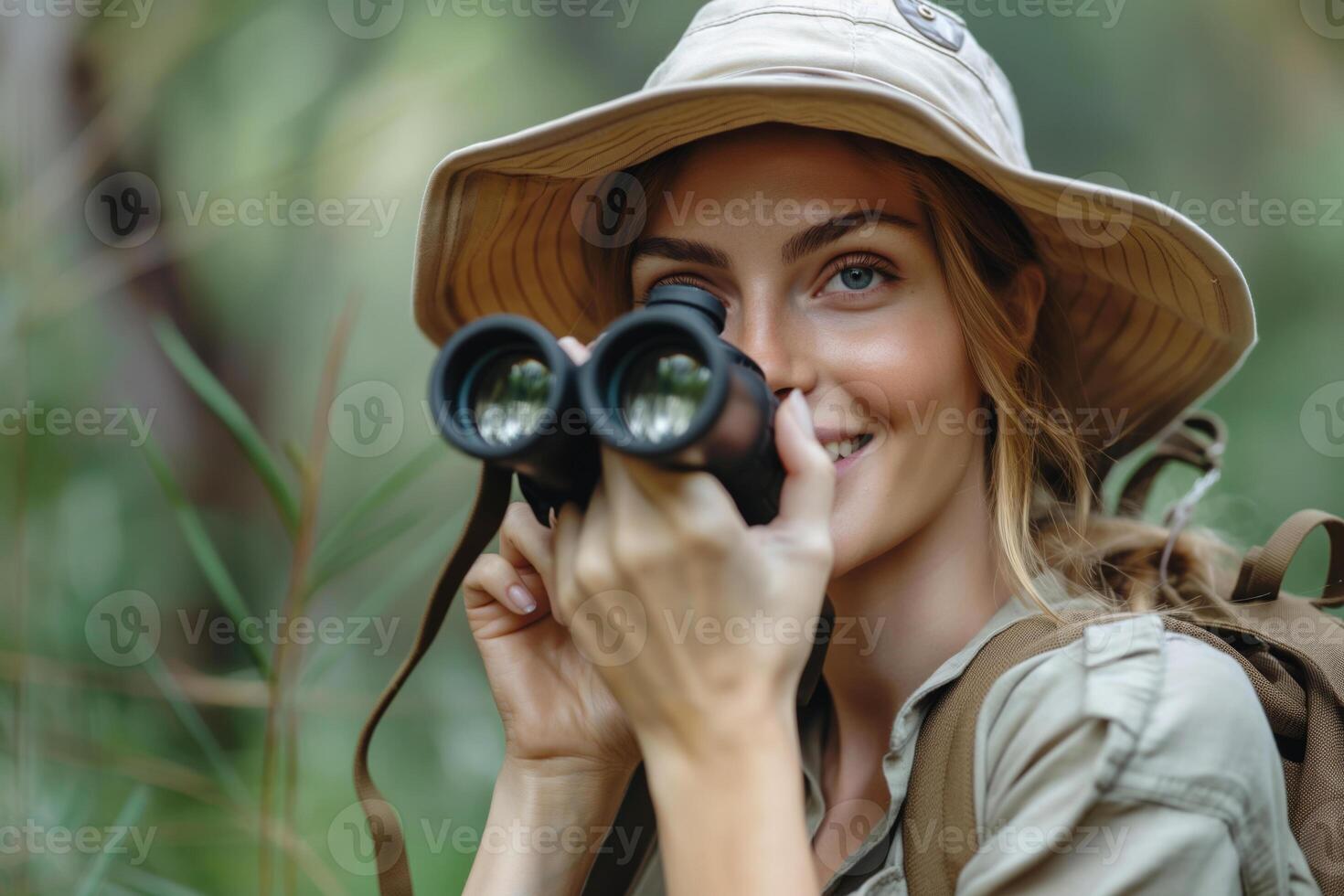 Smiling young Caucasian woman in a safari hat observes nature through binoculars in a lush forest. photo