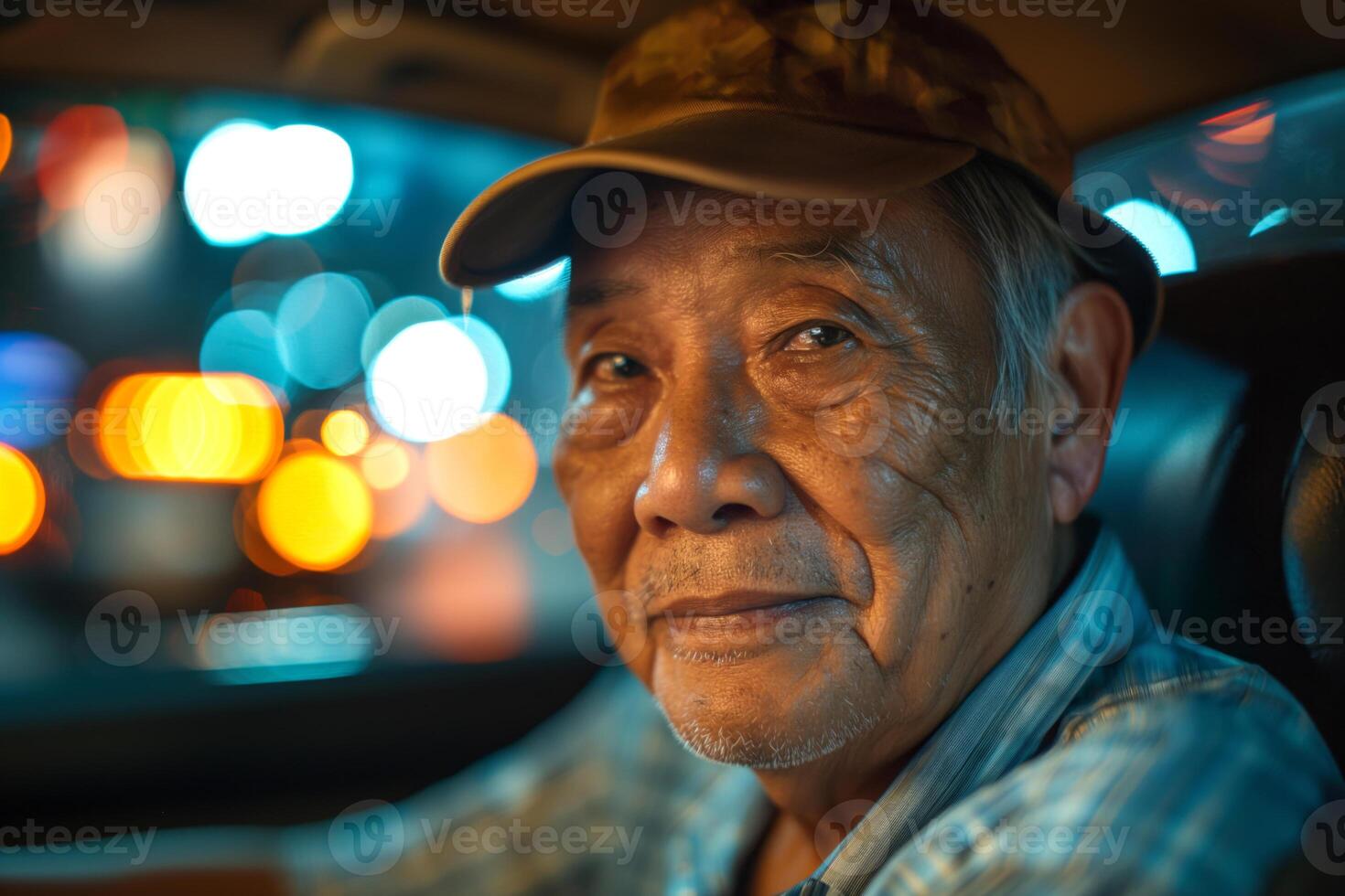 An elderly Asian man with a warm smile, wearing a cap, looking out from a car at a bustling city night. photo