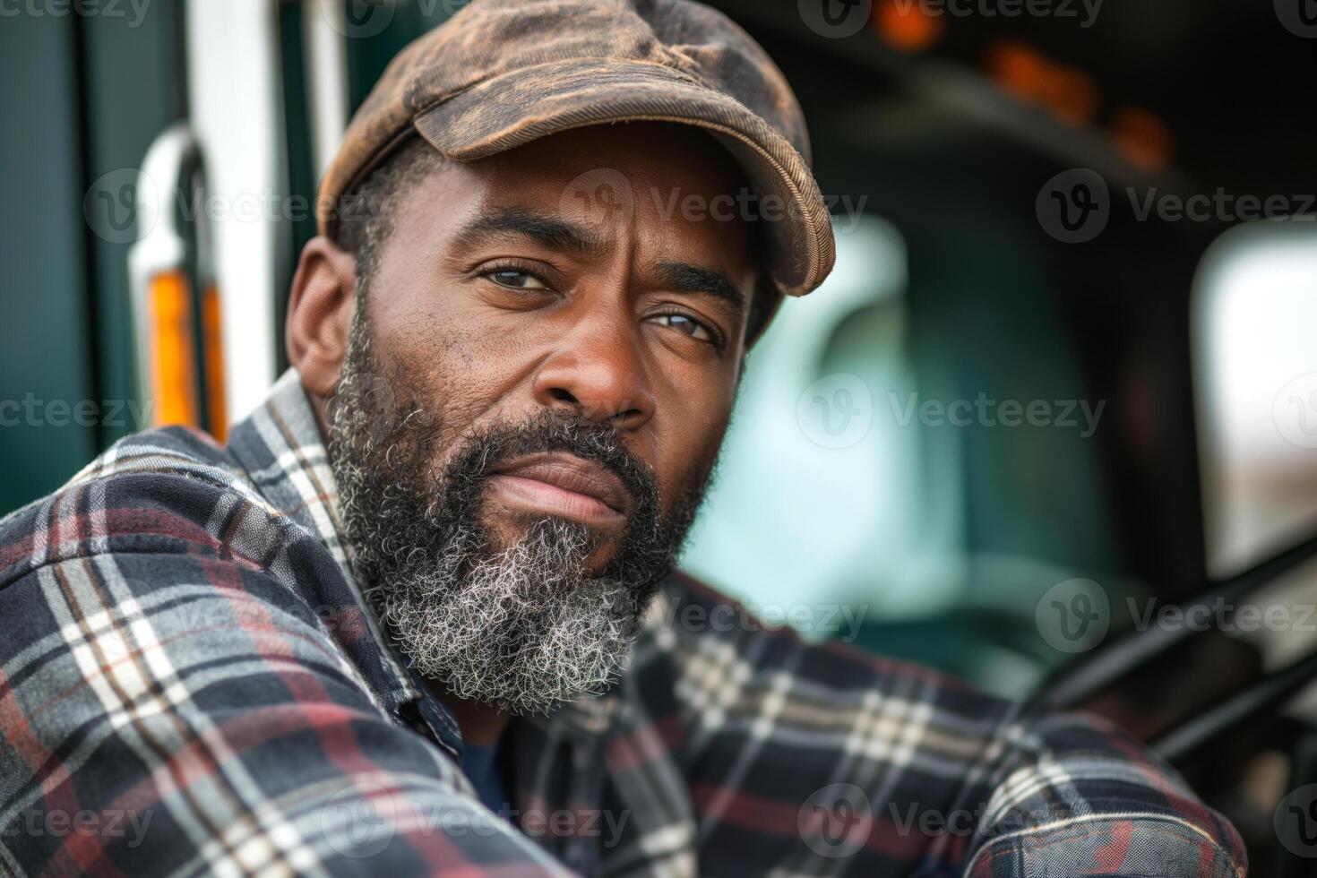 Middle-aged Black male truck driver wearing a cap, gazing thoughtfully from his truck, showcasing determination and resilience. photo