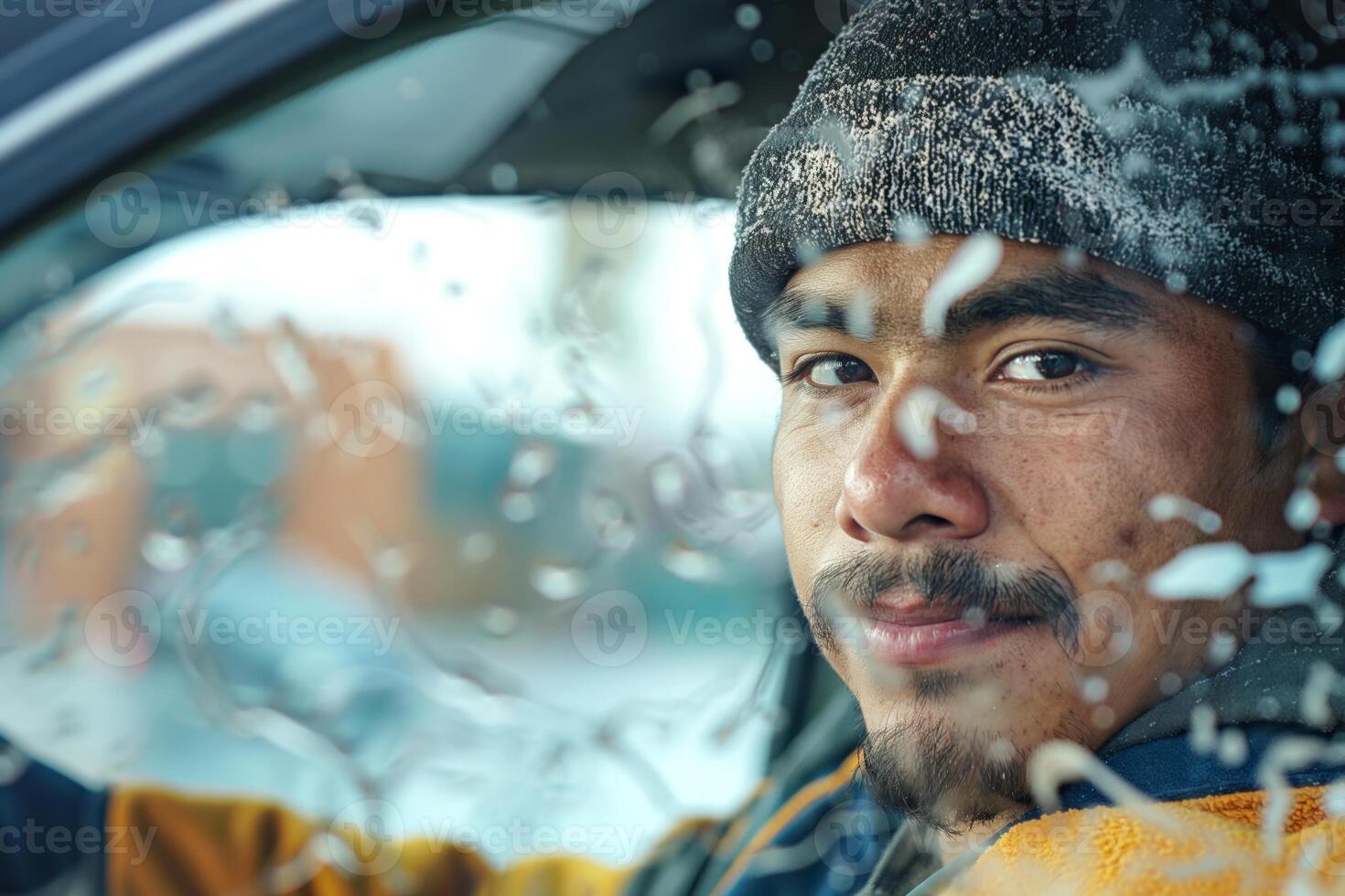 A young Hispanic man with a warm smile sits in a car, partially obscured by raindrops on the window. photo