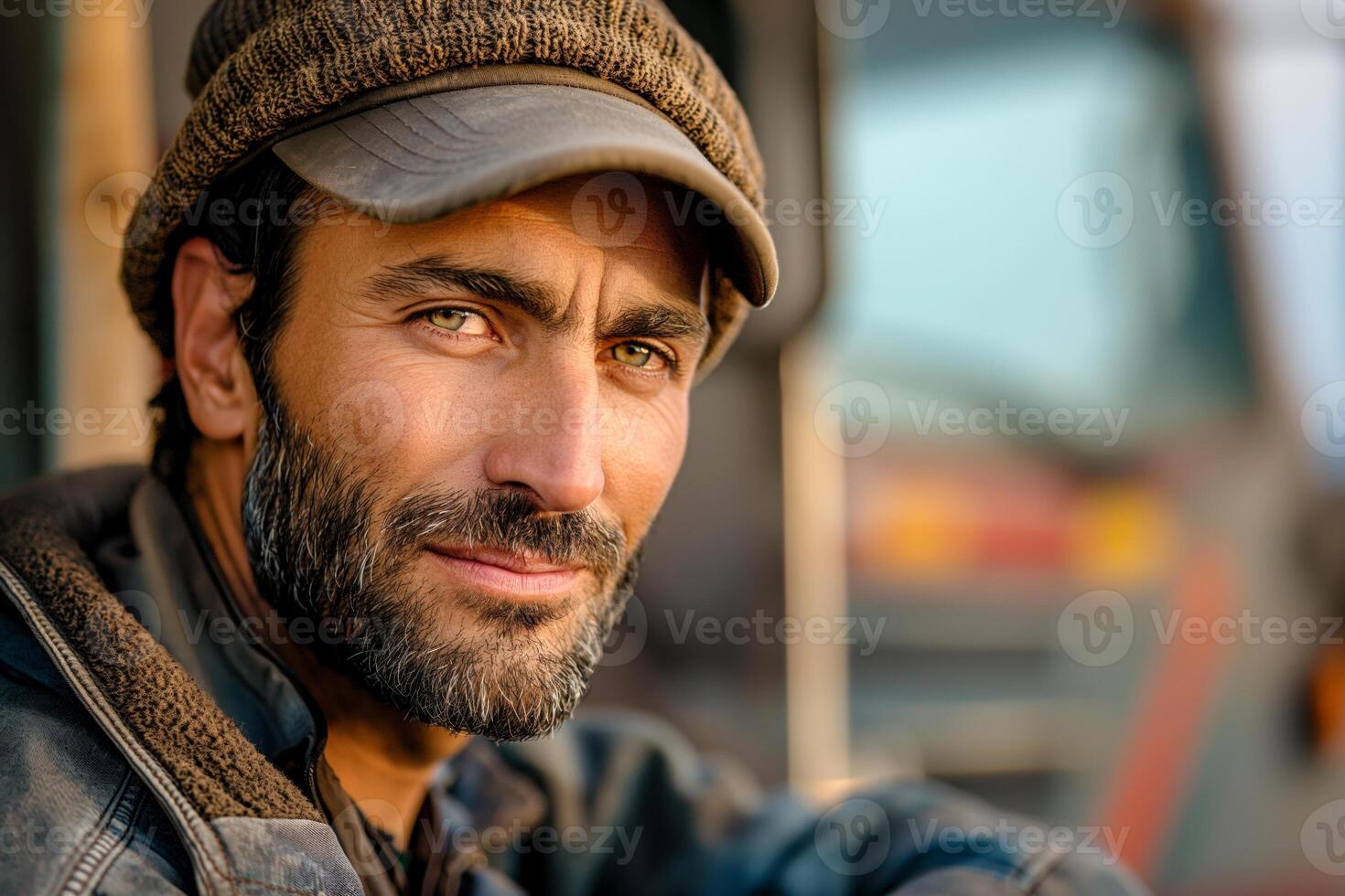 A ruggedly handsome Middle-Eastern man with piercing green eyes, wearing a hat and leather jacket, exuding confidence and warmth. photo