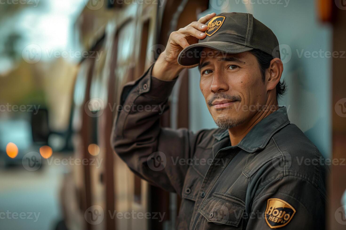 A Hispanic male worker poses confidently in a dark uniform and cap, showcasing a friendly smile against a vintage vehicle backdrop. photo