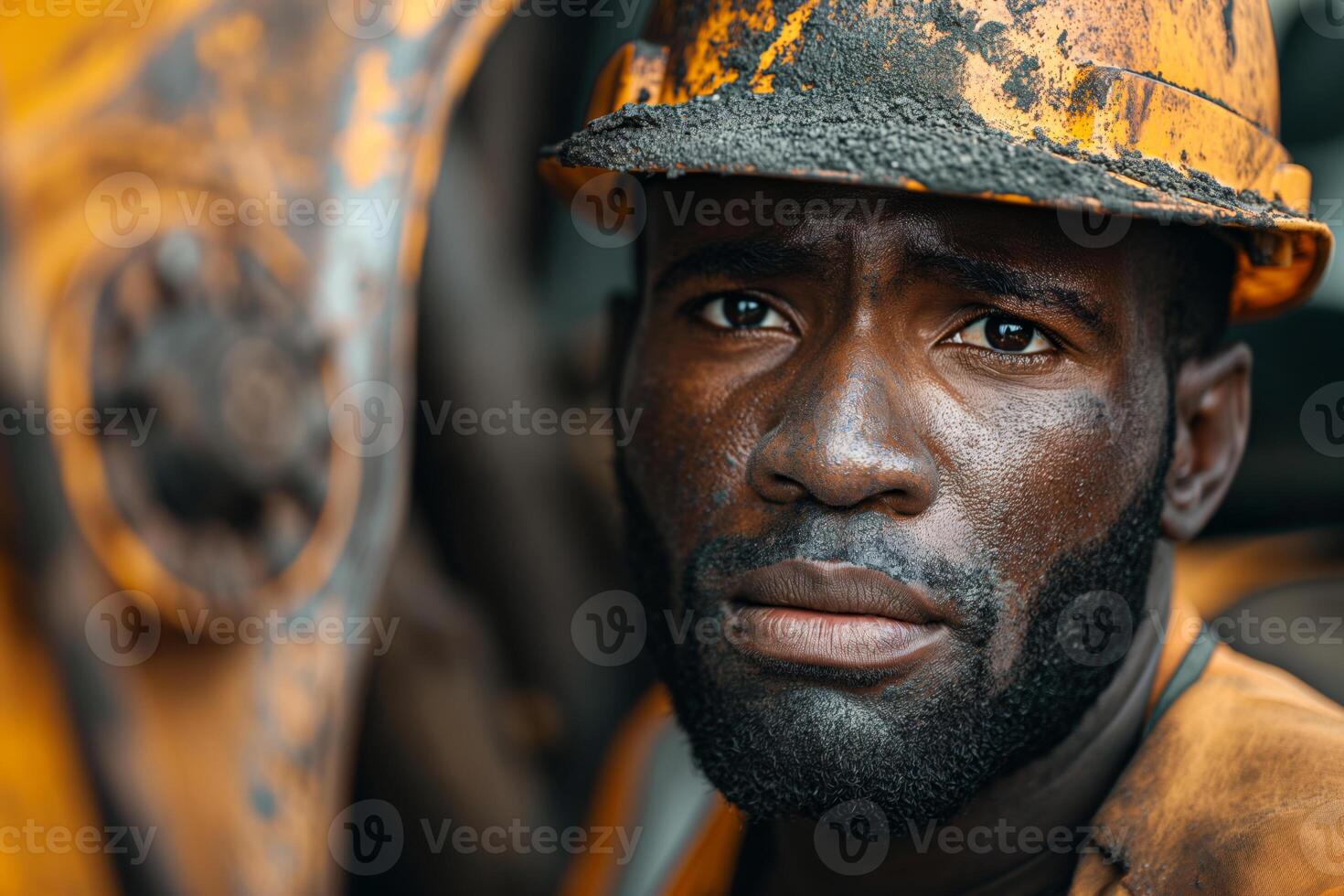 A determined African man wearing a yellow hard hat, captured in the midst of construction, showcasing grit and focus. photo