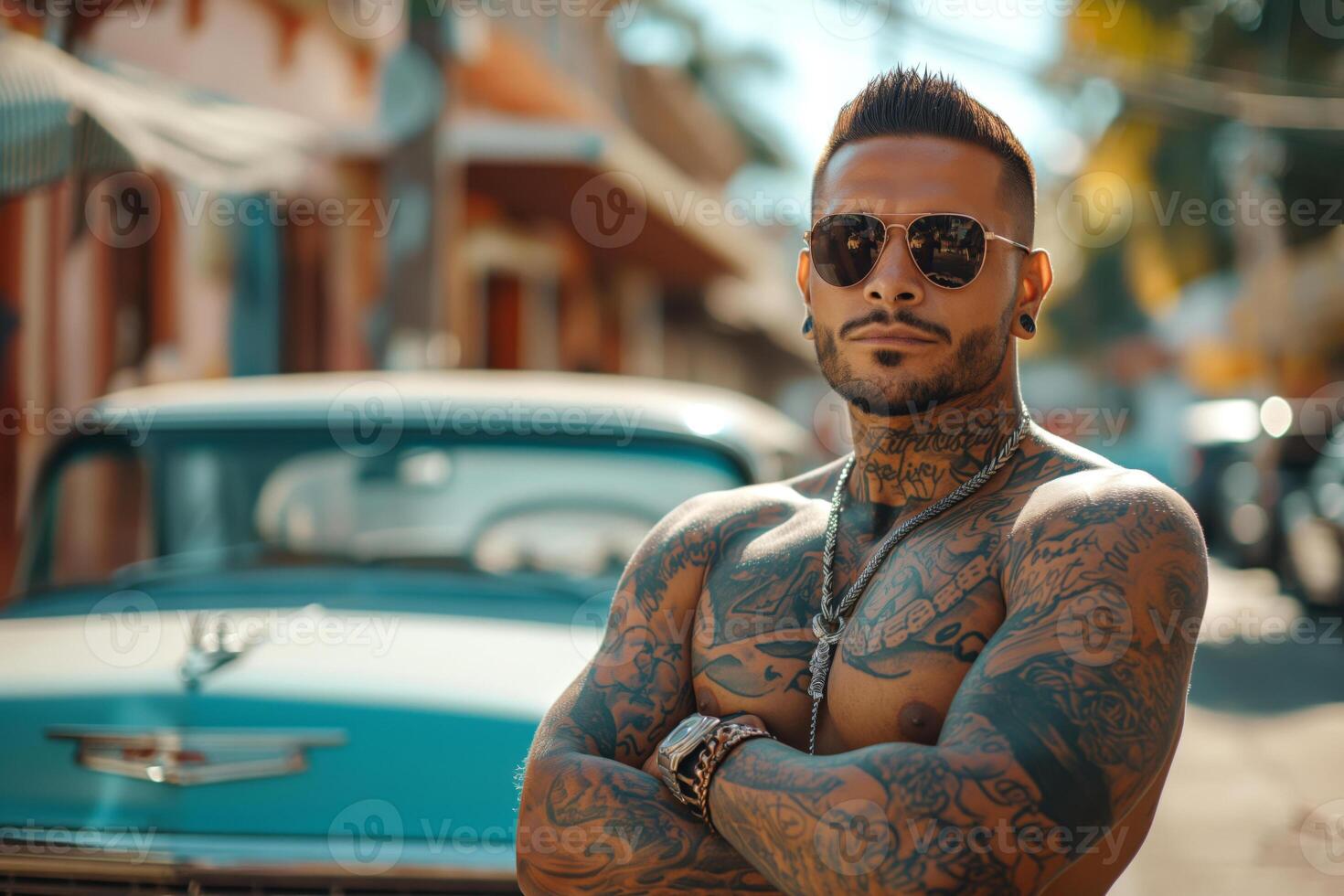 A confident tattooed Hispanic man in sunglasses poses with his arms crossed in front of a classic car. photo