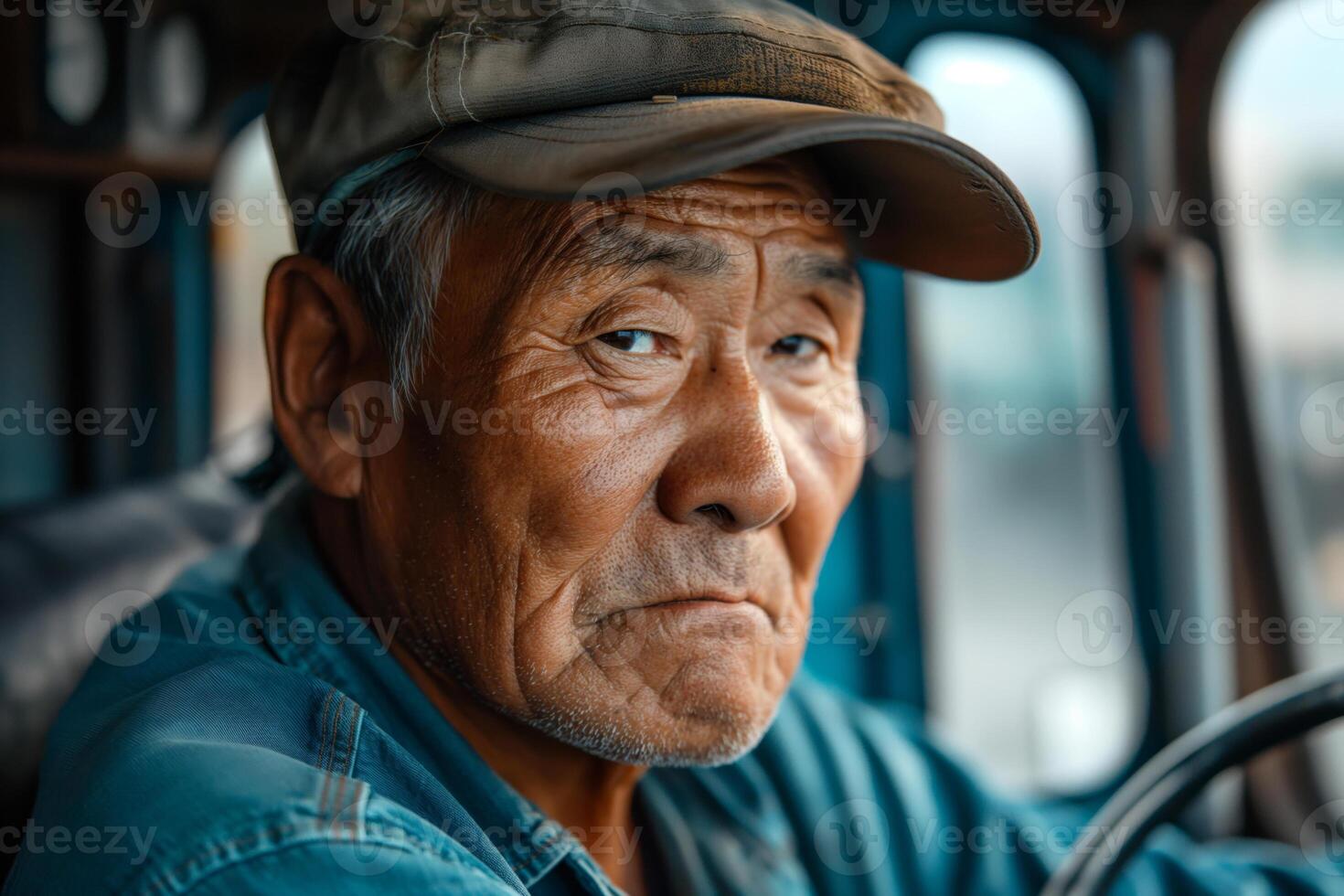 An elderly Asian man with deep wrinkles and a thoughtful expression, wearing a cap and sitting inside a vehicle. photo