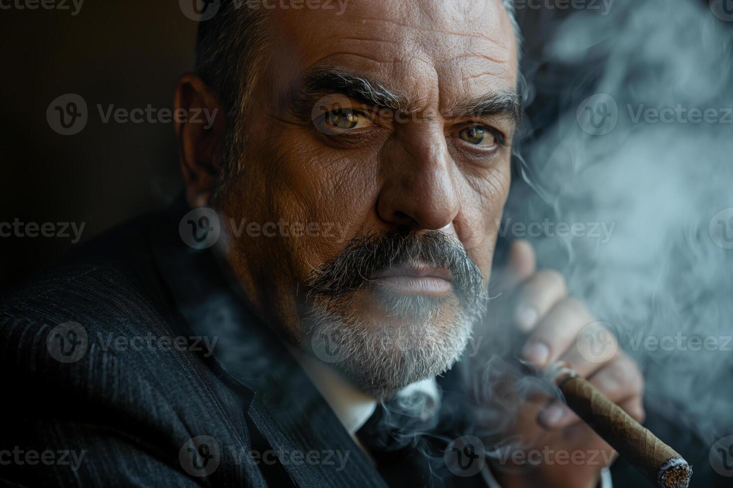 A distinguished middle-aged Caucasian man with a cigar exudes confidence, surrounded by swirling smoke in a dimly lit setting. photo