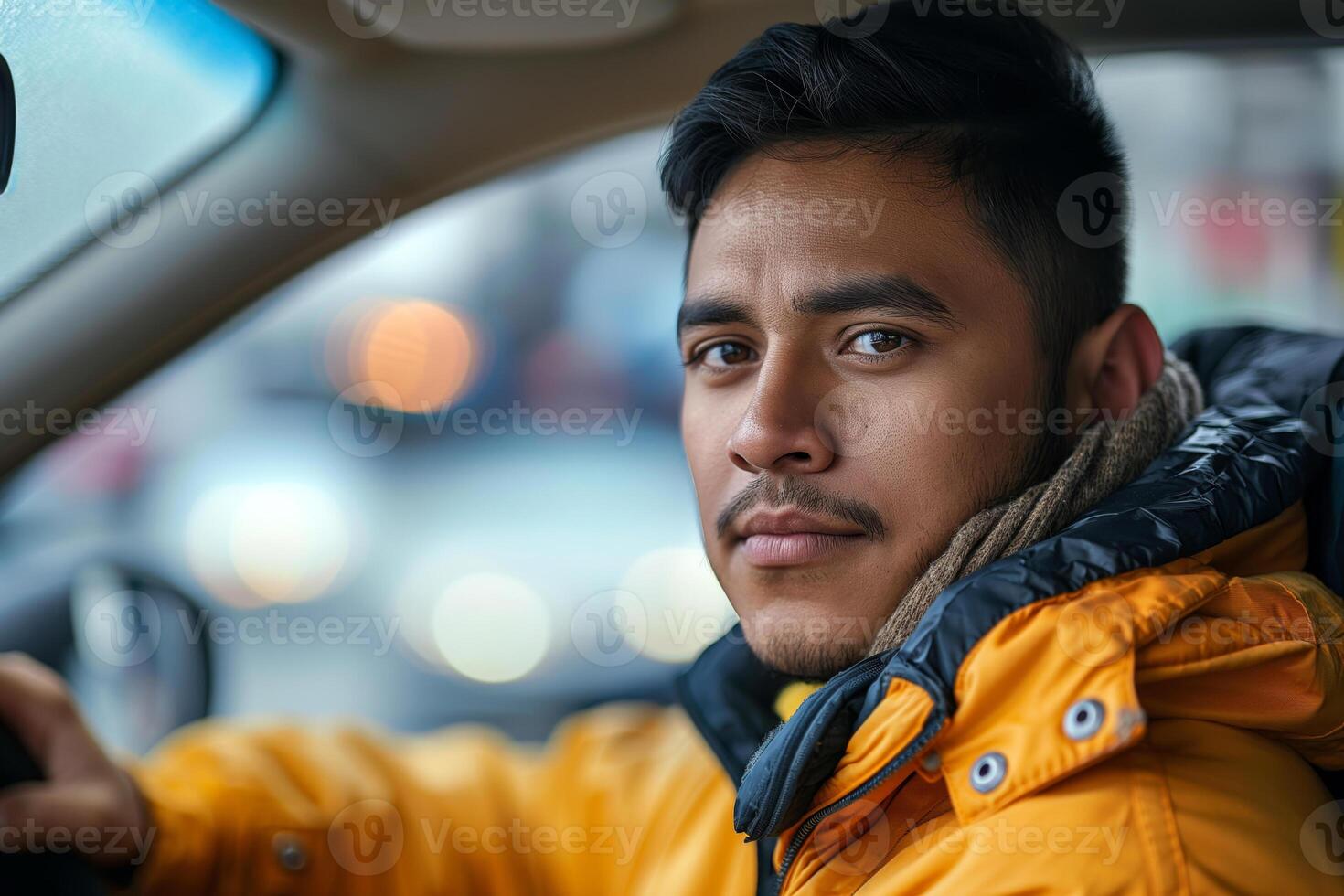 A young Hispanic man in a bright yellow jacket sits in the driver's seat, gazing confidently out the window. photo