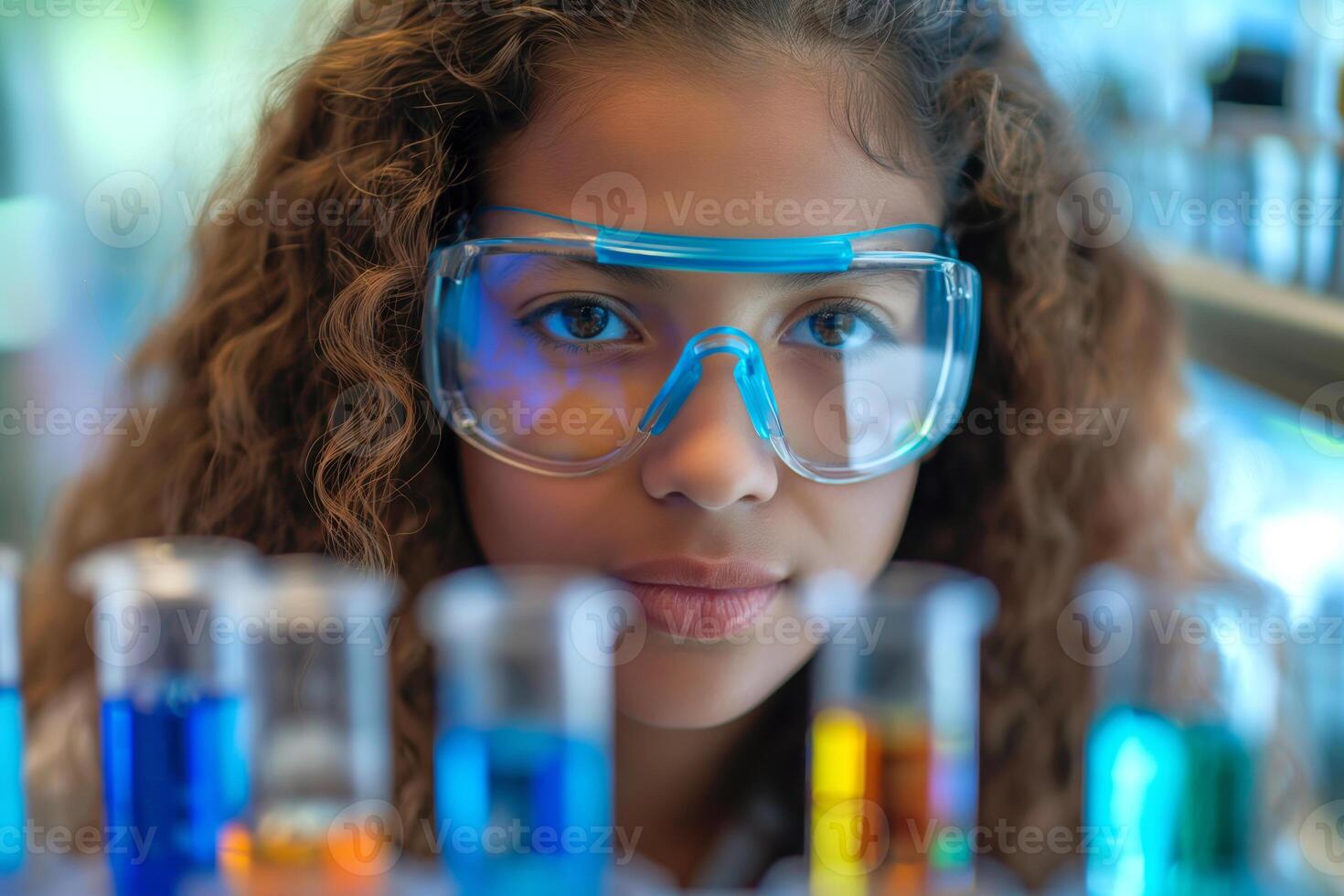A young Hispanic girl with curly hair wears safety goggles, focused on colorful liquids in laboratory beakers. photo