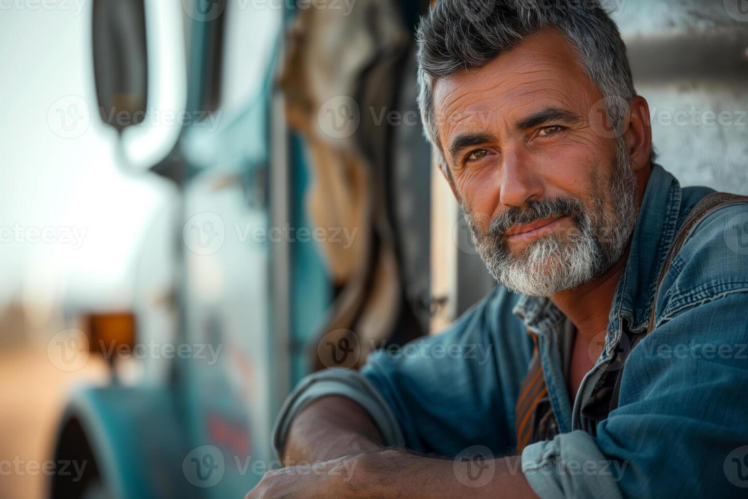 A rugged middle-aged Caucasian man with a beard sits confidently beside his truck in a warm, sunlit landscape. photo
