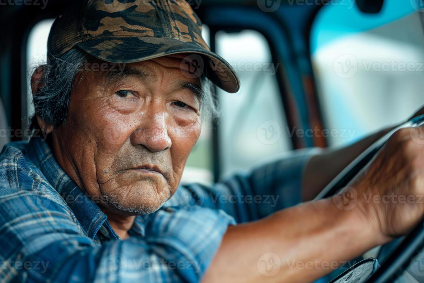 An elderly Asian man in a plaid shirt and camouflage cap sits thoughtfully behind the wheel of a truck. photo
