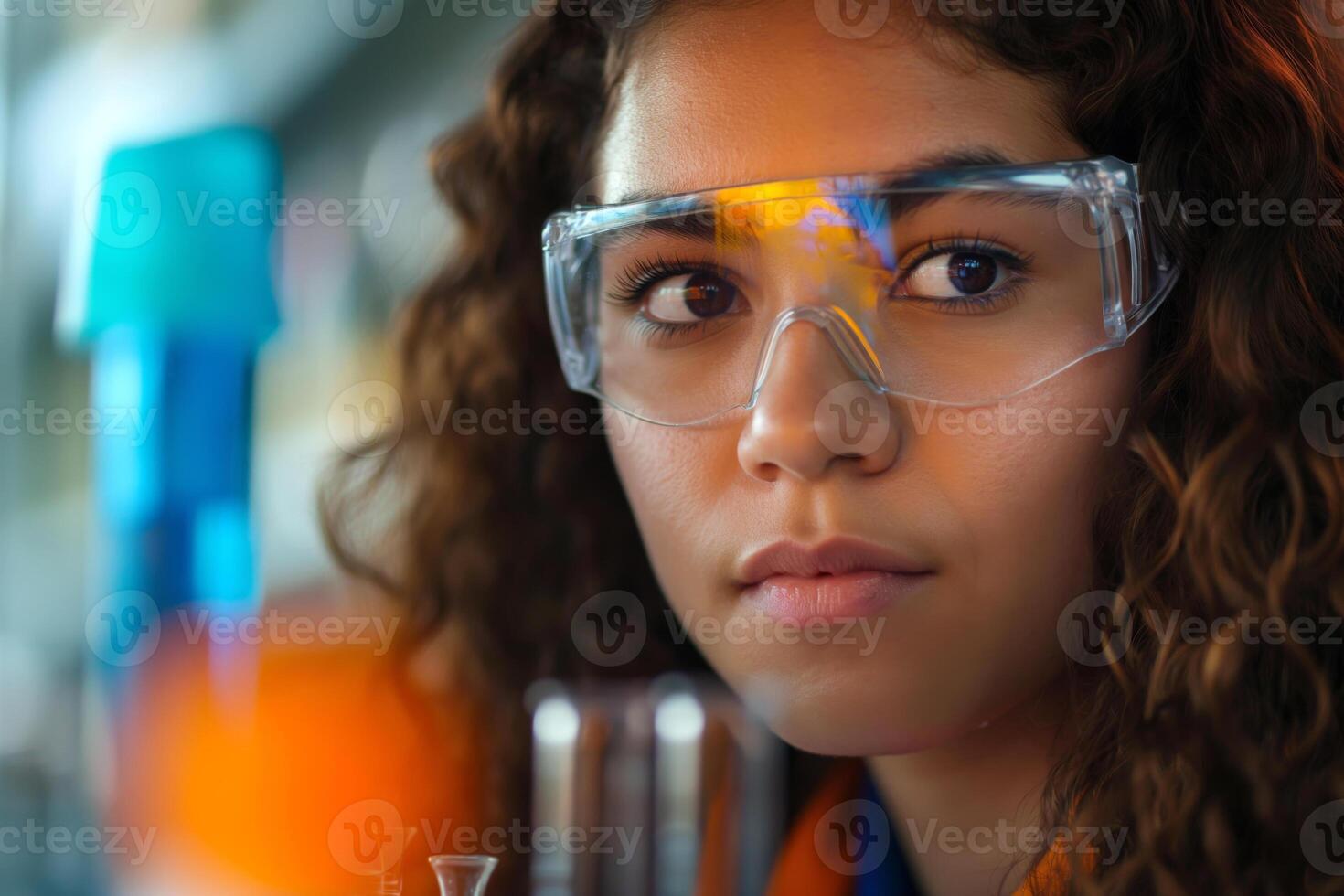 A focused young Latina woman in safety goggles examines a laboratory experiment with curiosity and determination. photo