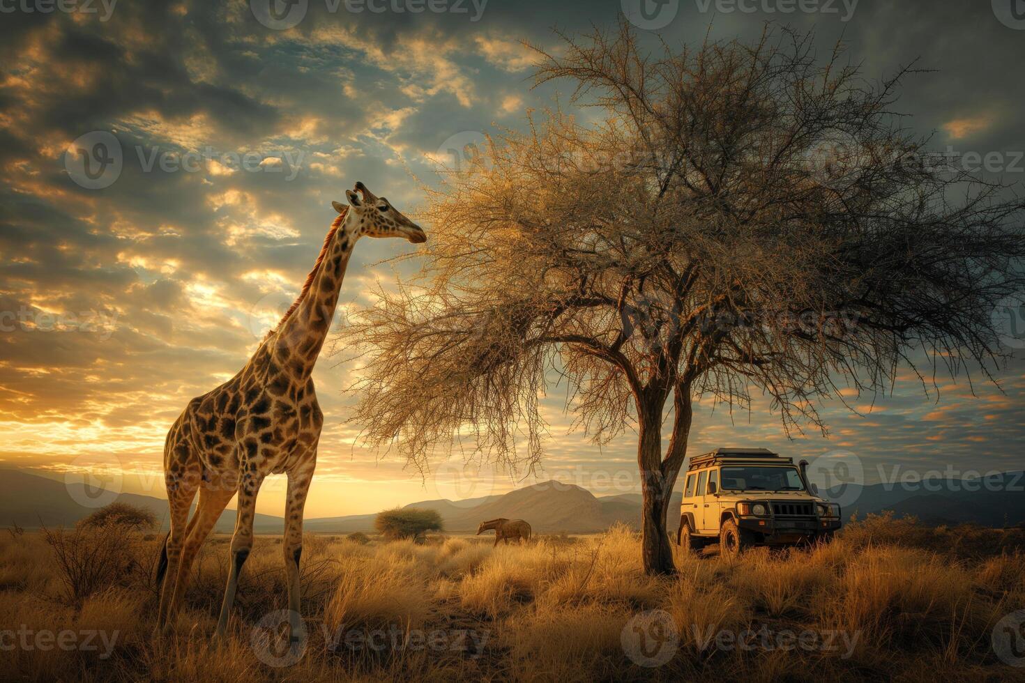 A majestic giraffe stands gracefully near a tree at sunset, with a safari vehicle parked nearby in a serene landscape. photo