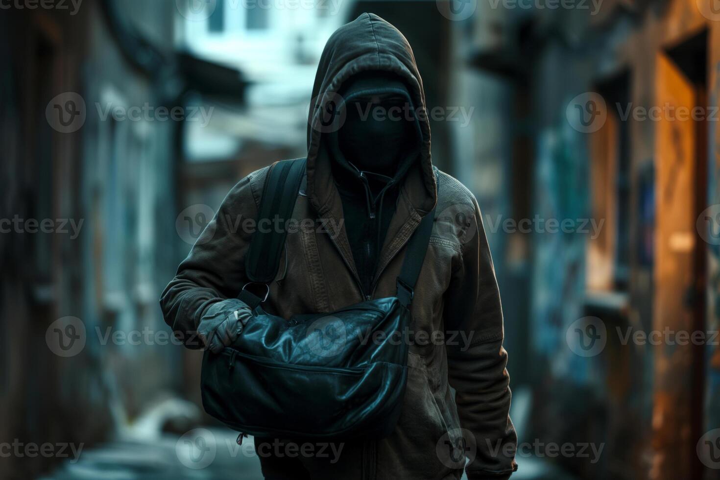 Mysterious hooded figure in an urban alleyway, exuding an enigmatic and suspenseful atmosphere. photo