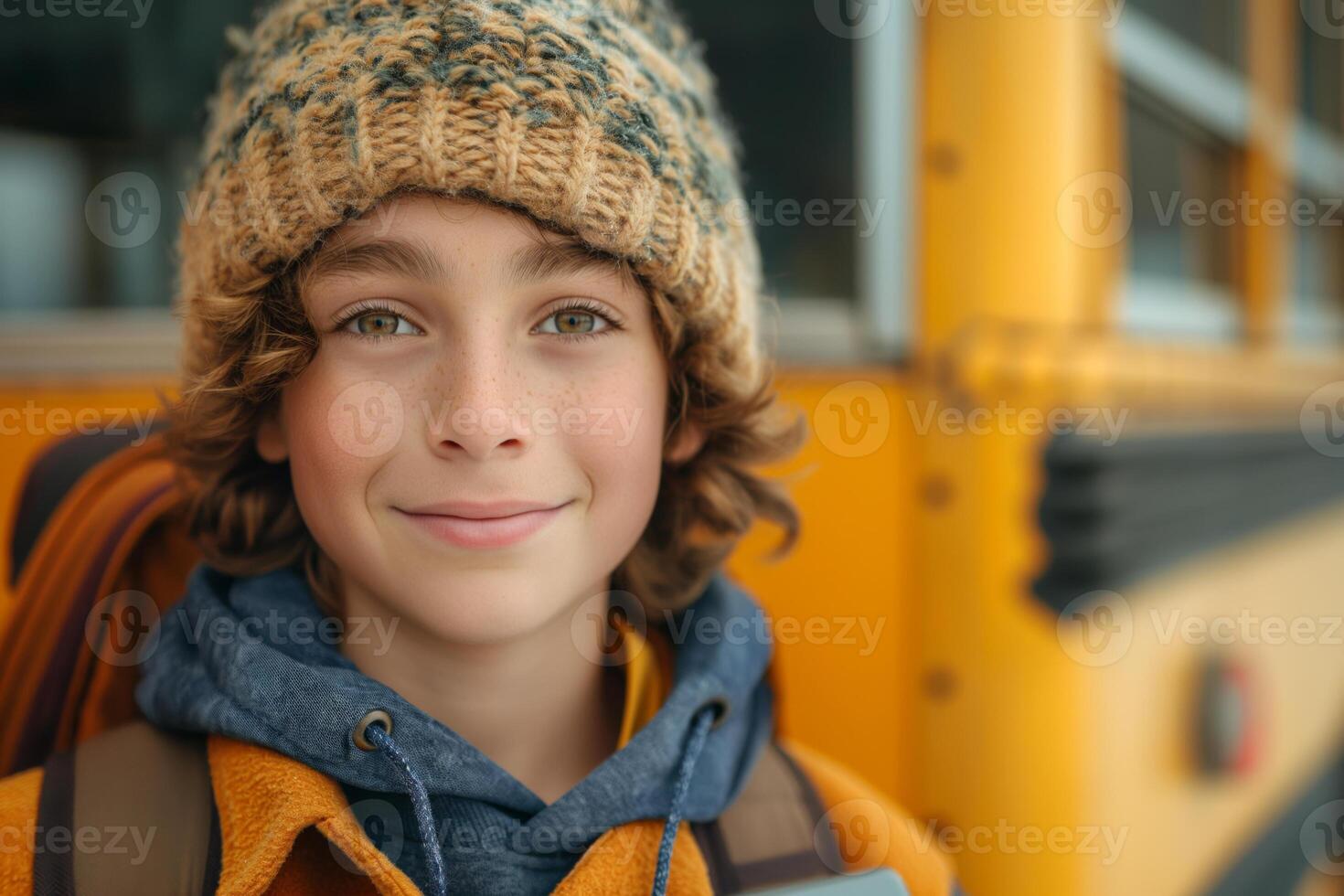 A smiling Caucasian boy wearing a knit hat, standing near a school bus, radiates warmth and youthful spirit. photo