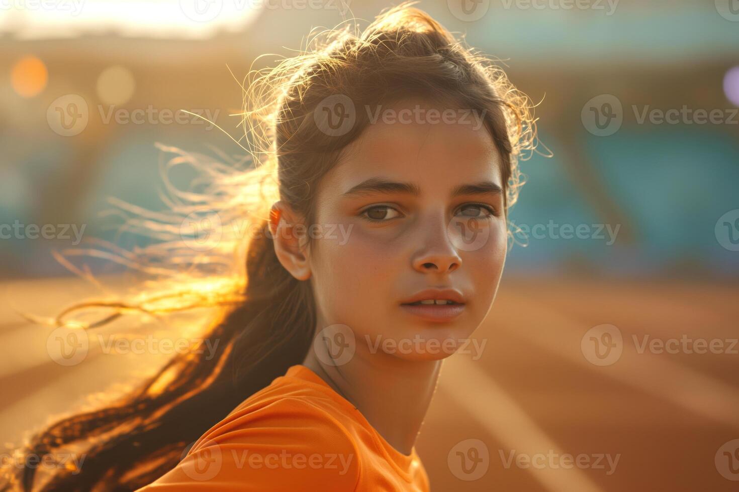 A young girl of Middle Eastern descent gazes intently into the camera, embodying determination on a sunlit track. photo