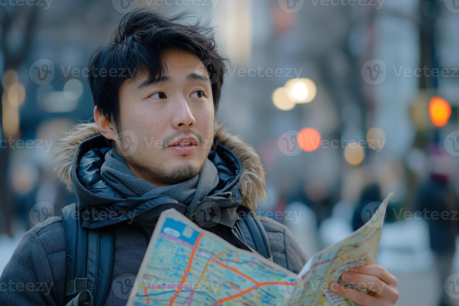 A young Asian man studying a map, looking curious and slightly puzzled in an urban setting during twilight. photo