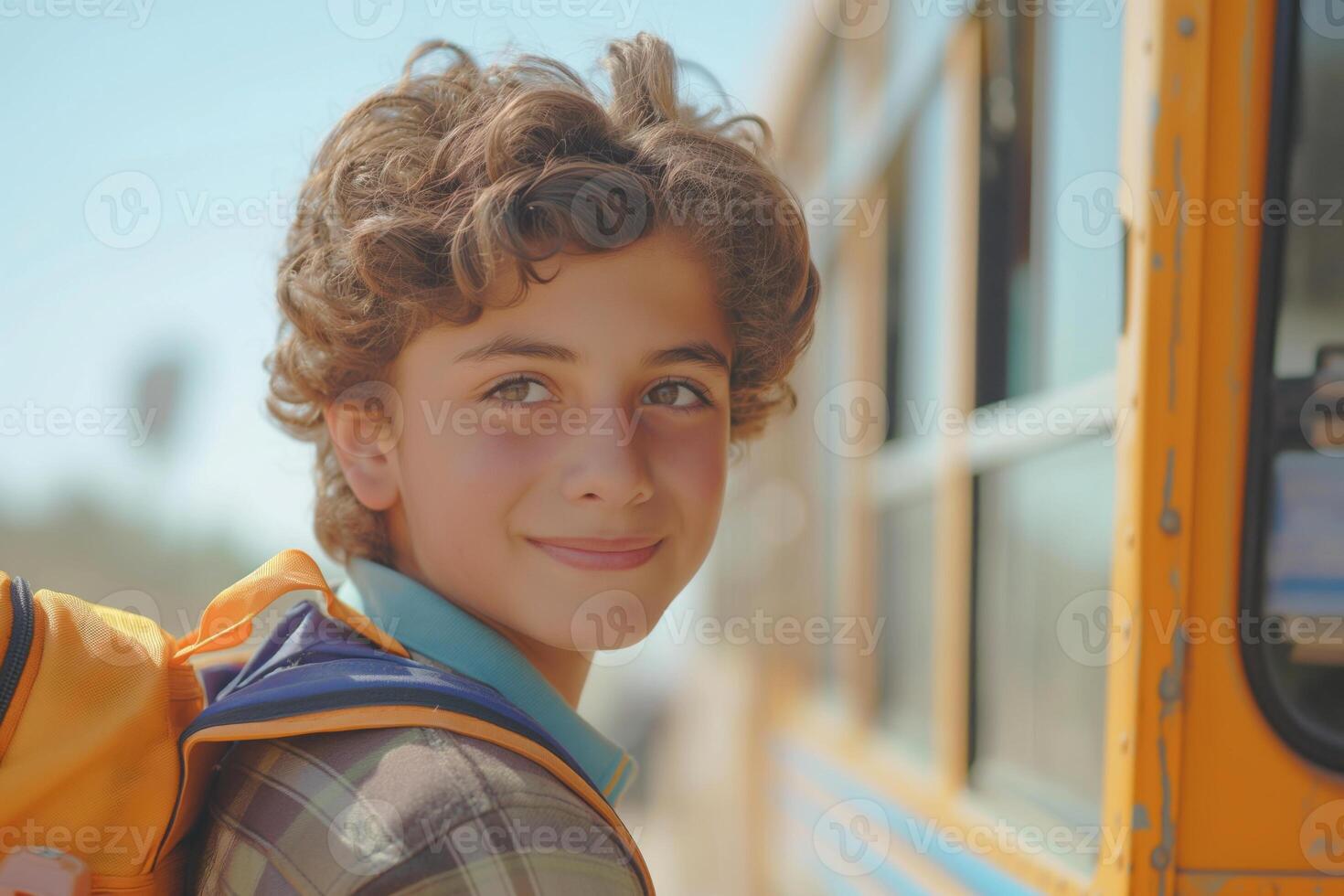 A smiling young boy with curly hair and a backpack stands beside a colorful school bus, exuding joy and anticipation. photo